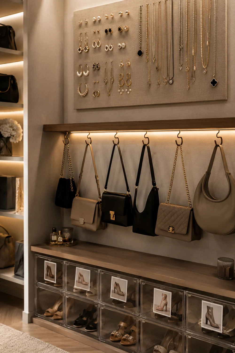 Closet accessories storage with linen wall jewelry organizer, brass hooks for bags, and labeled shoe boxes