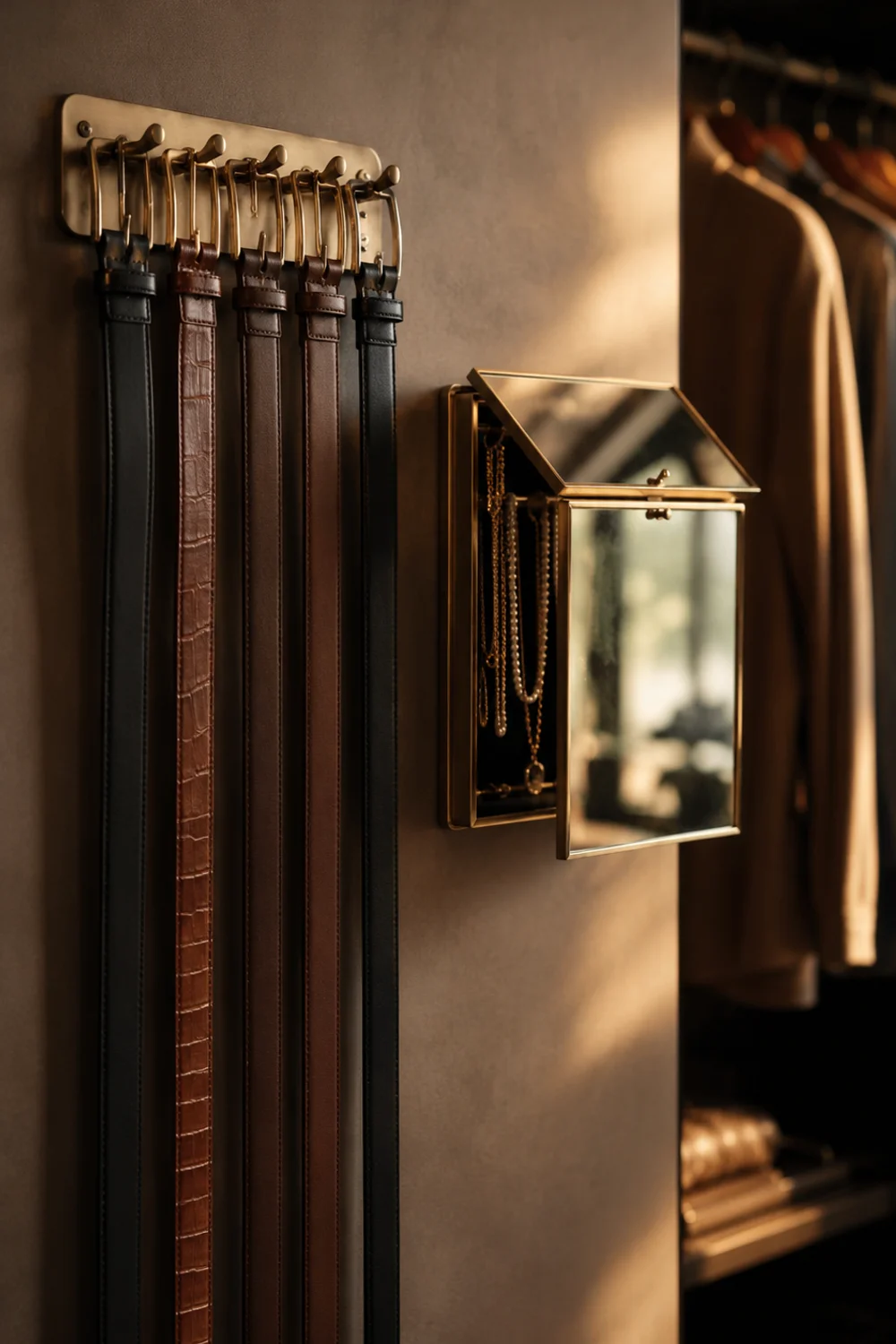 Wall-mounted belt rack and mirrored jewelry organizer inside a closet
