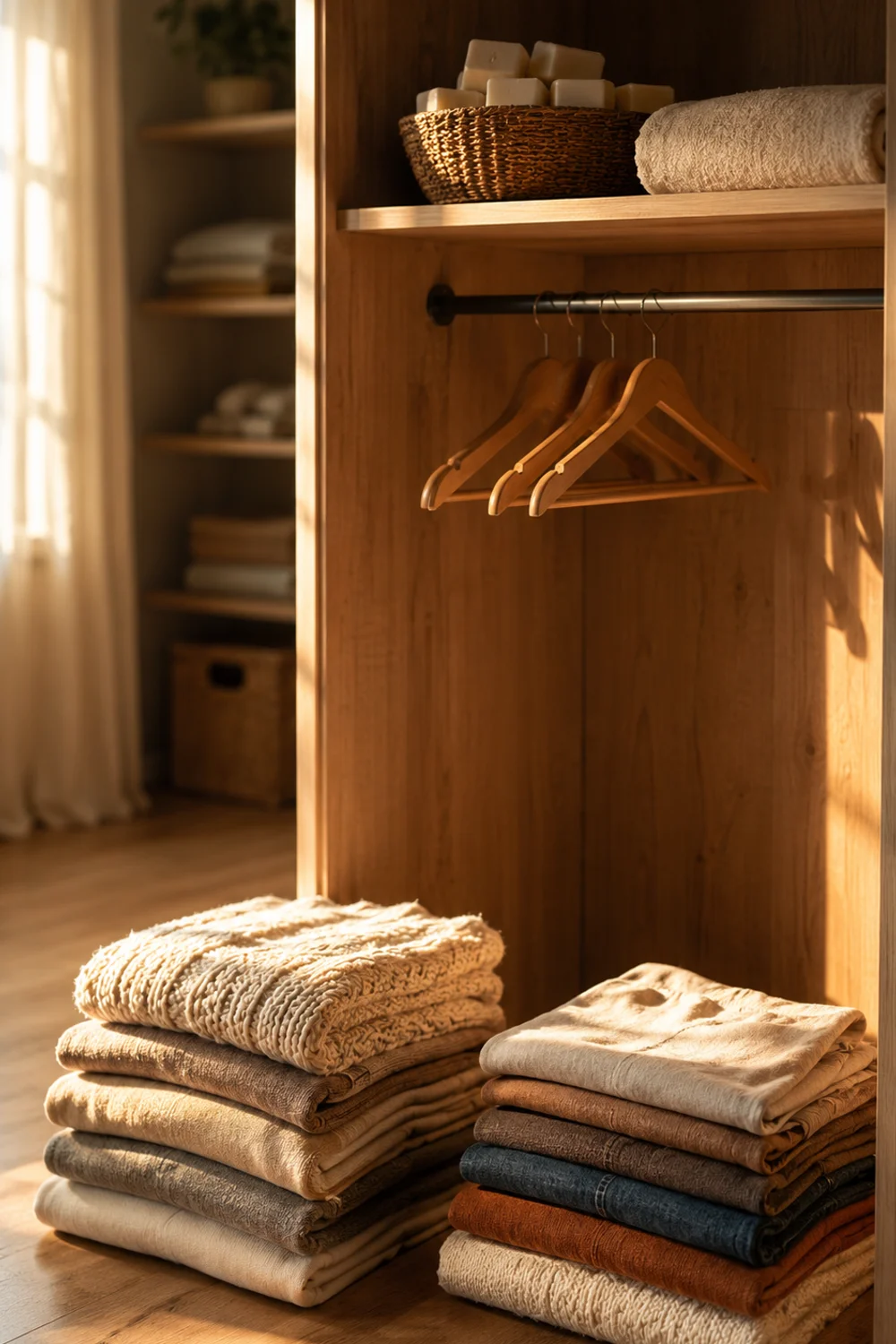 Decluttered closet shelf with cedar blocks and neatly folded clothing piles