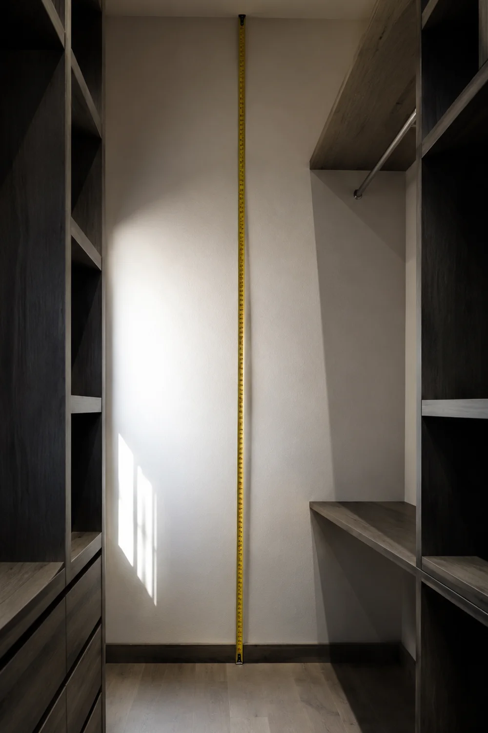 Empty closet interior being measured with a tape measure along the back wall