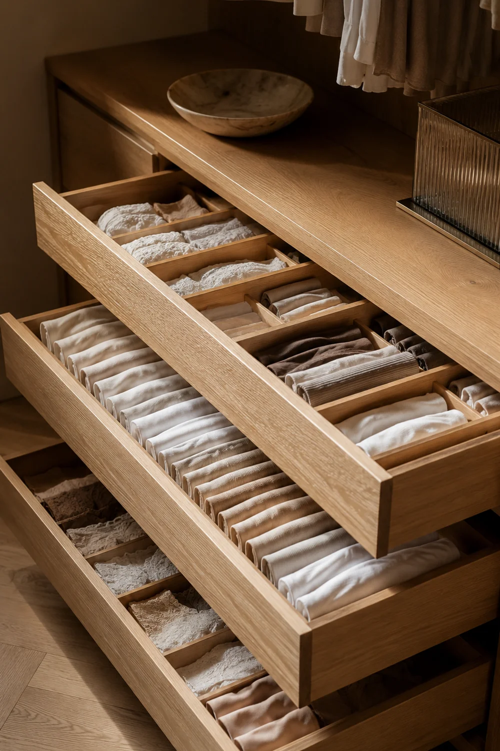 Modular wooden drawer unit in small closet with bamboo dividers and vertically filed folded clothes
