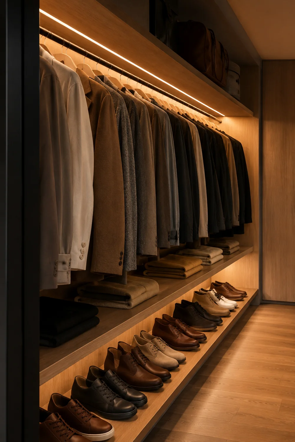Closet interior illuminated by warm motion-sensor LED strip lighting