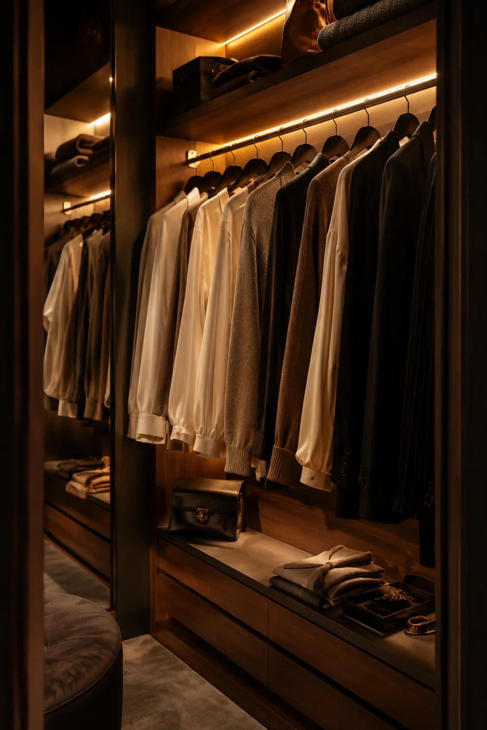 Closet interior with warm LED strip lighting under shelves illuminating organized hanging clothes