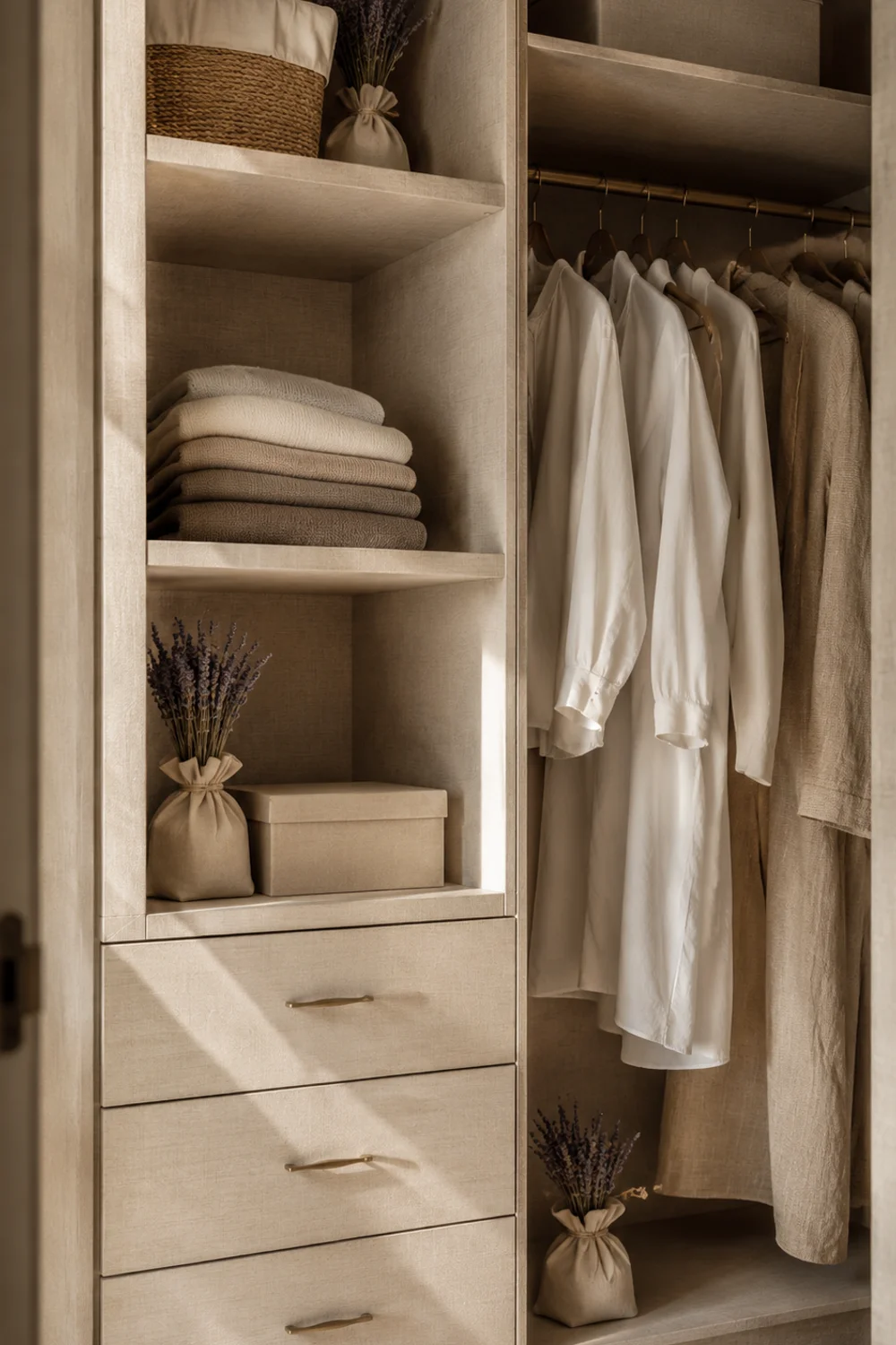 Closet shelves lined with neutral linen paper and lavender sachets tucked in corners