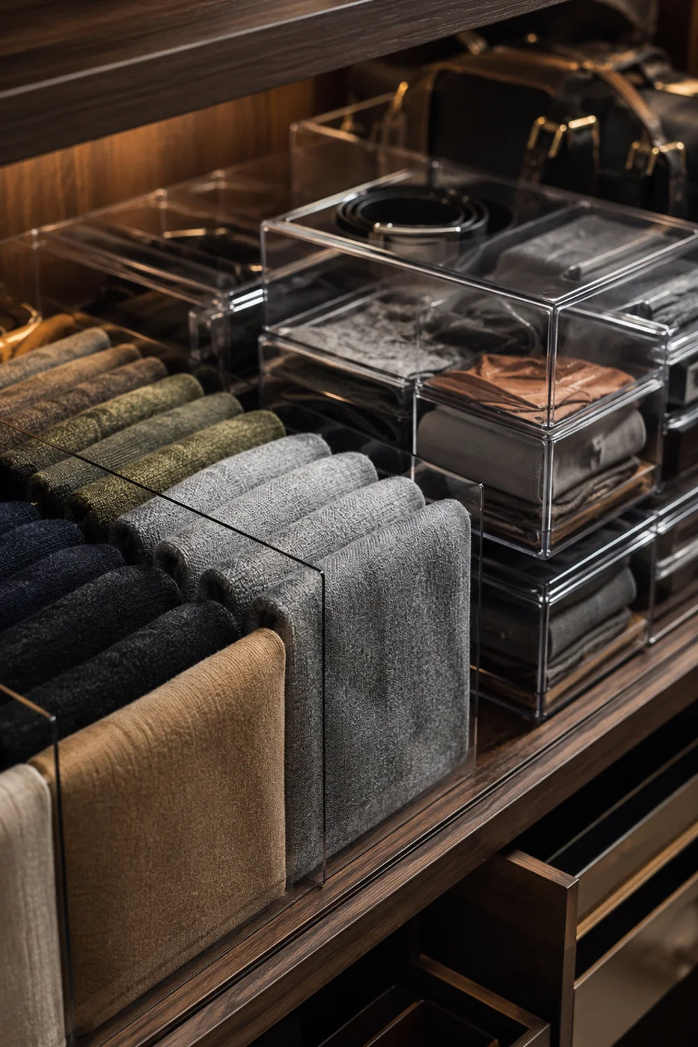 Closet shelf with dividers and clear stackable bins holding file-folded sweaters