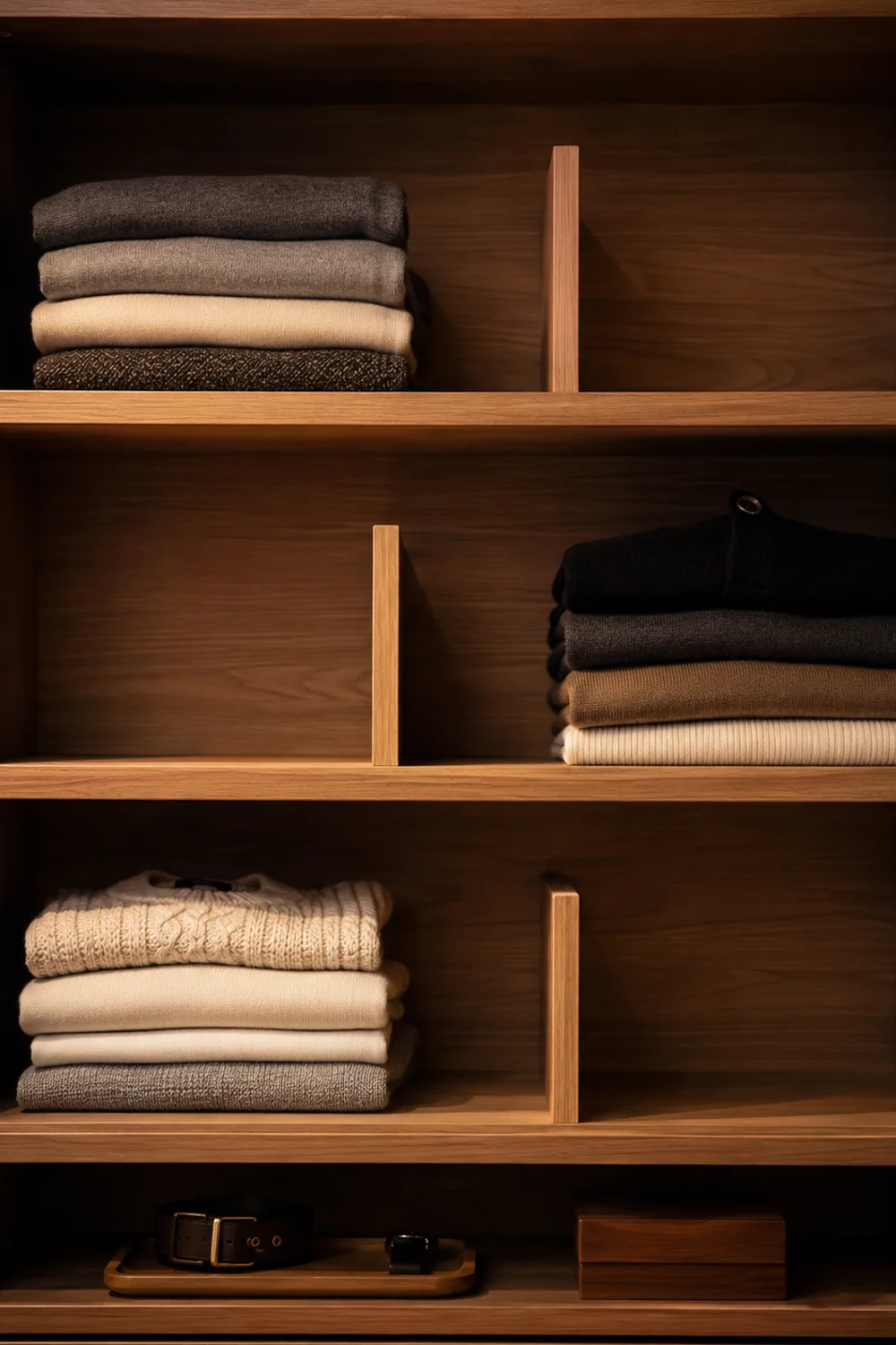 Closet shelf with wooden adjustable dividers holding folded clothes in defined zones with intentional empty space between categories