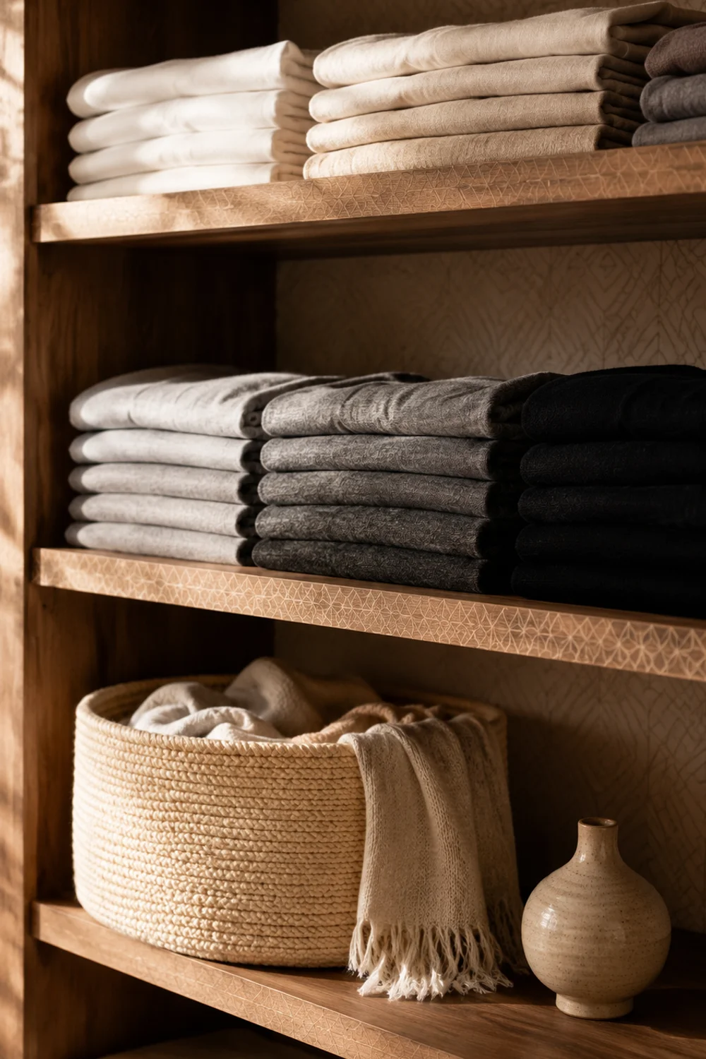 Open closet shelves with color-organized folded clothes, woven basket, and ceramic styling detail