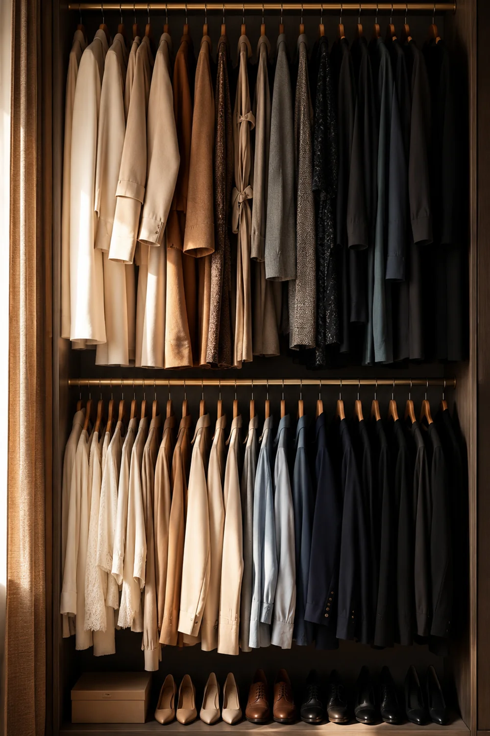 Double-hung closet rod system with color-organized clothing on two levels