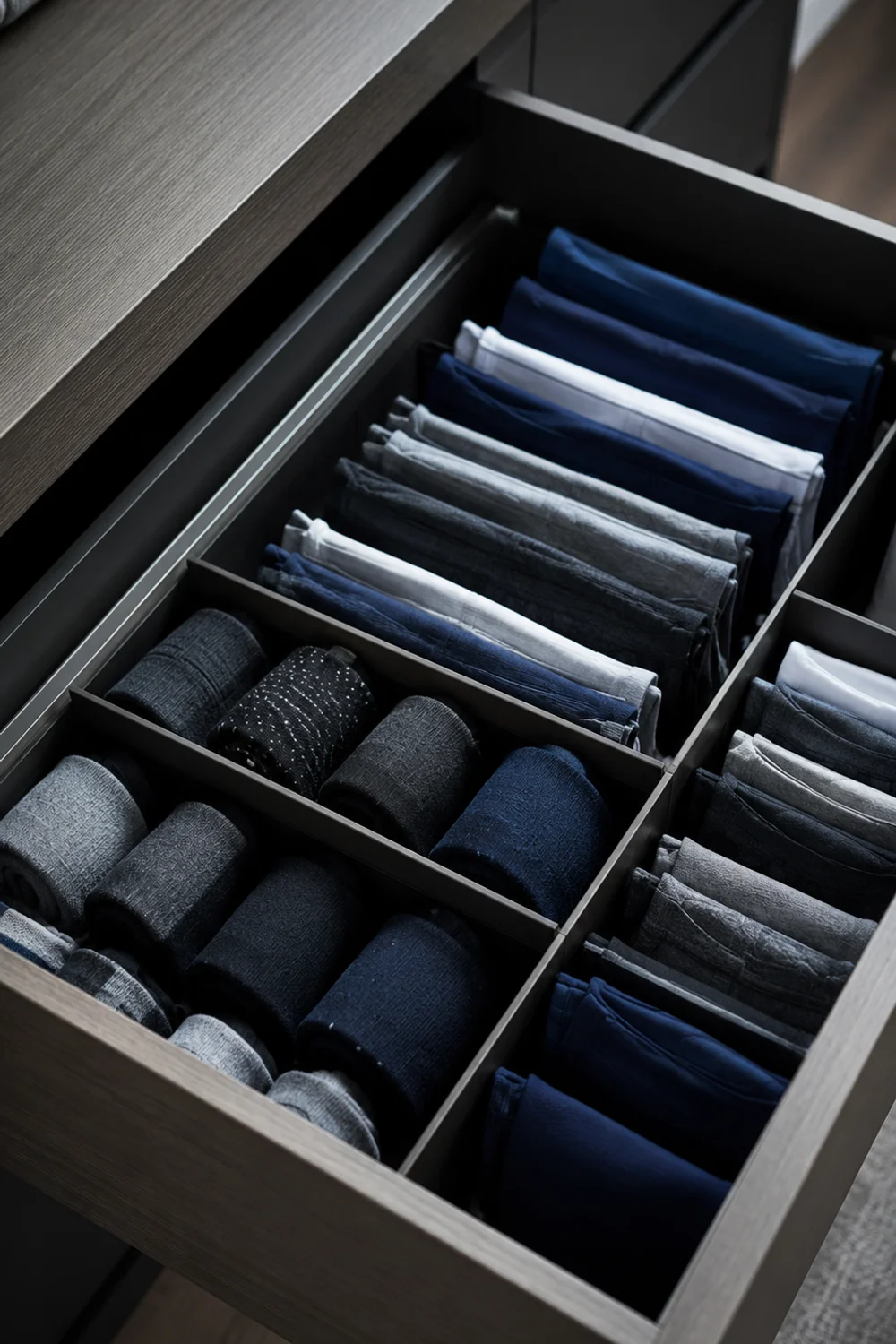 Open drawer with adjustable dividers holding rolled socks and folded underwear