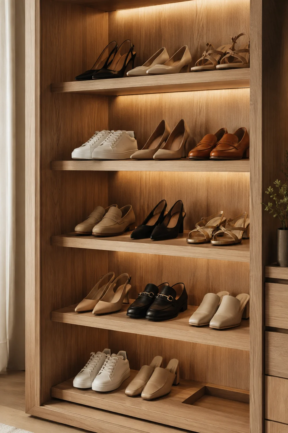 Curated shoe collection on an open closet shelf with only current season pairs neatly displayed