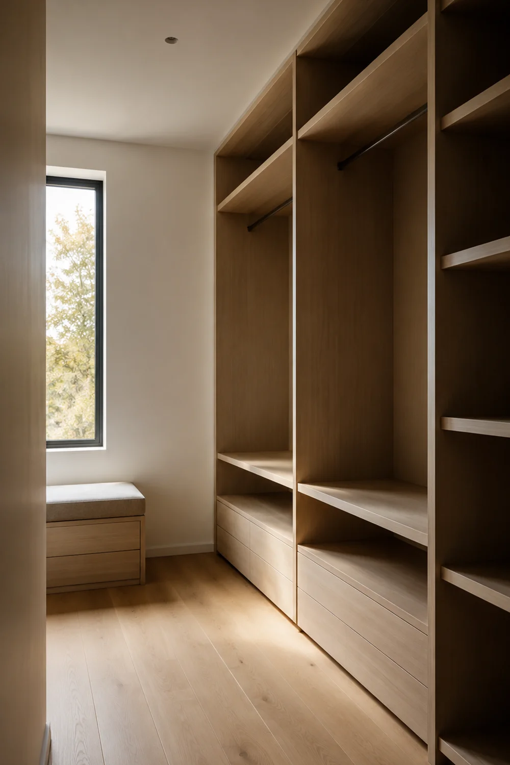 Empty minimalist closet with bare shelves and natural light ready for intentional reorganization