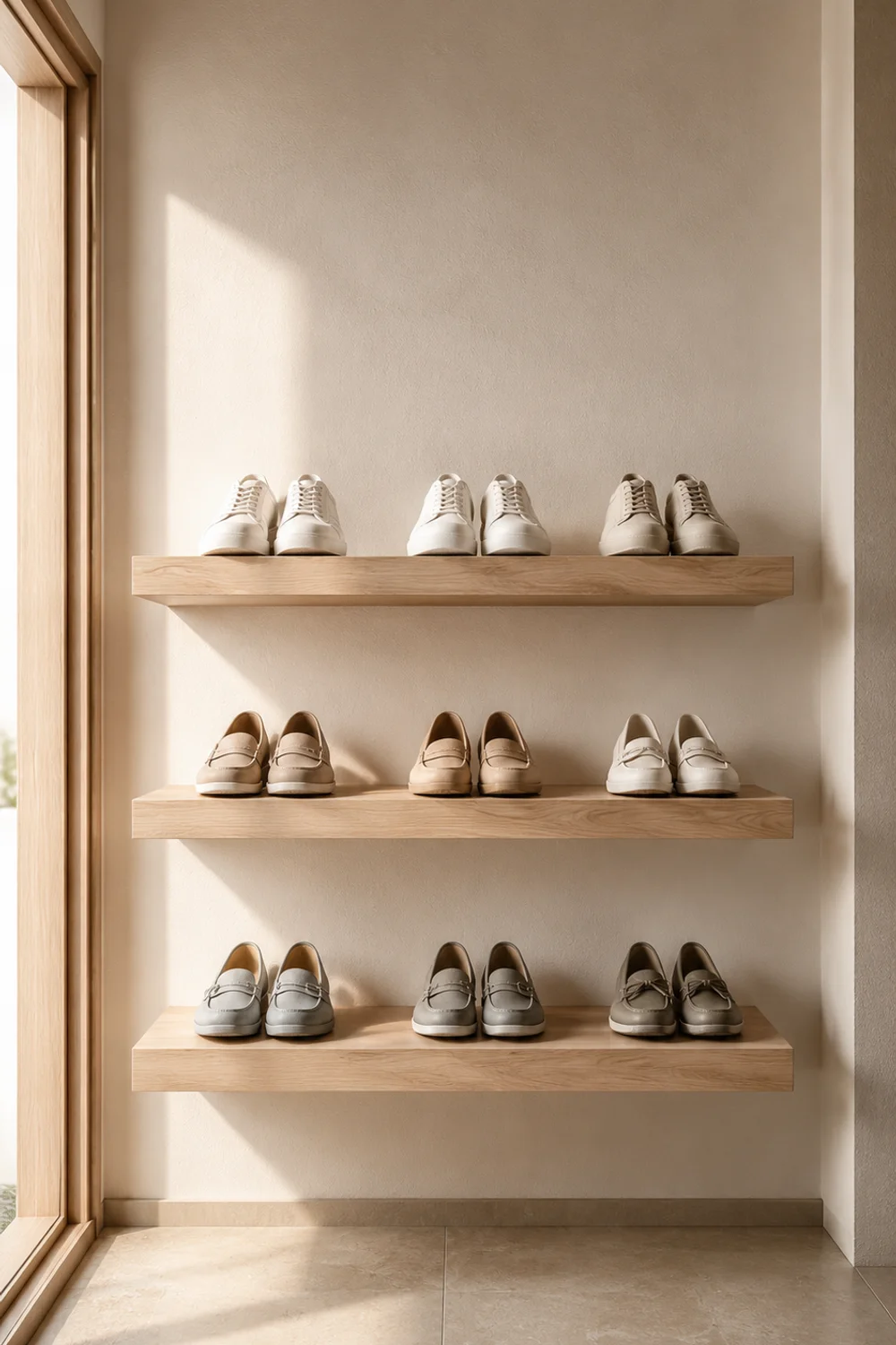 Floating shoe ledges in a light wood entryway with neatly arranged pairs of shoes at the front door