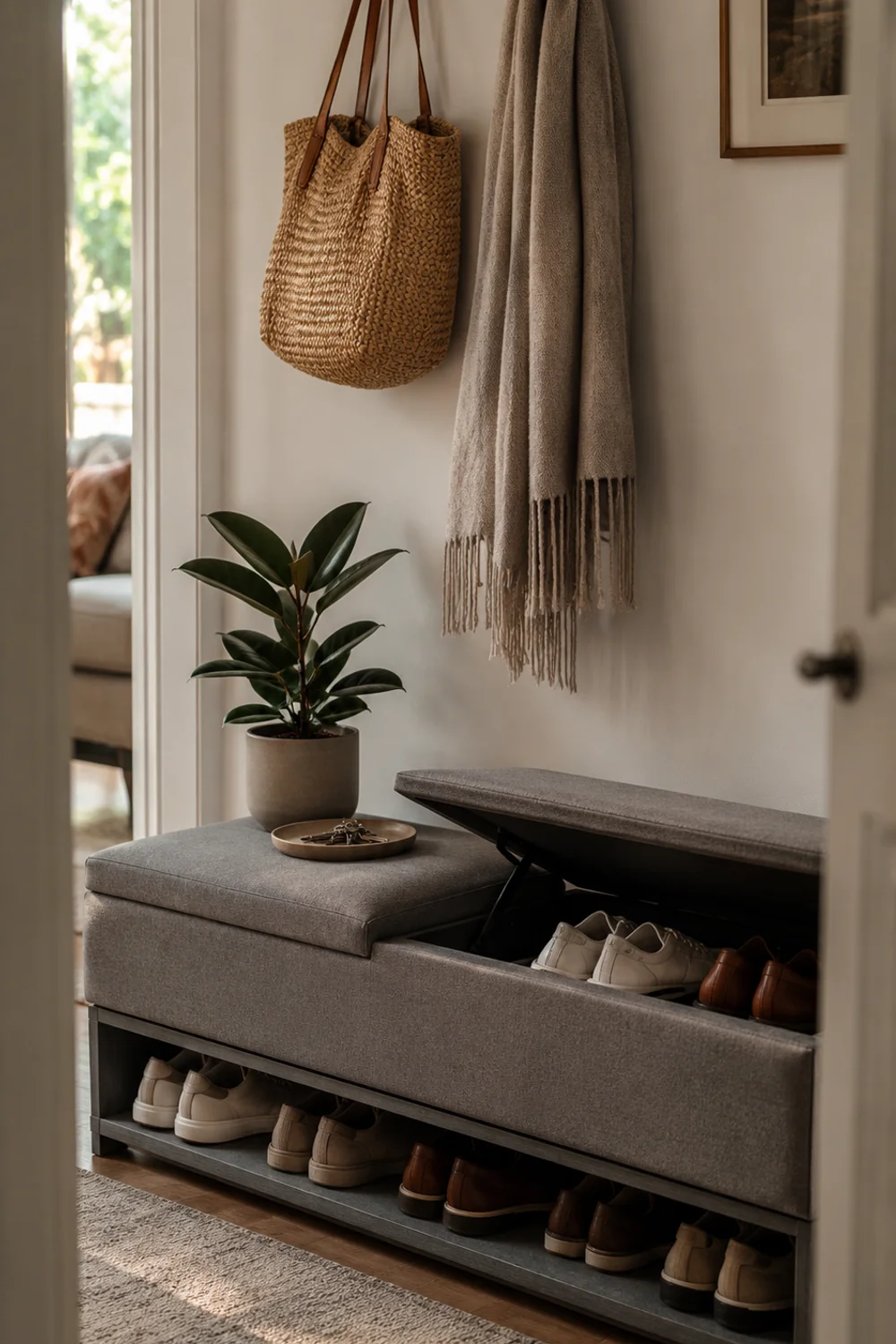 Entryway storage bench with lower open shelf holding shoes and a hinged seat for hidden storage