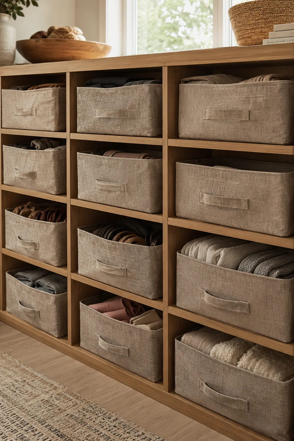 Fabric storage cubes organizing open shelving in a closet system