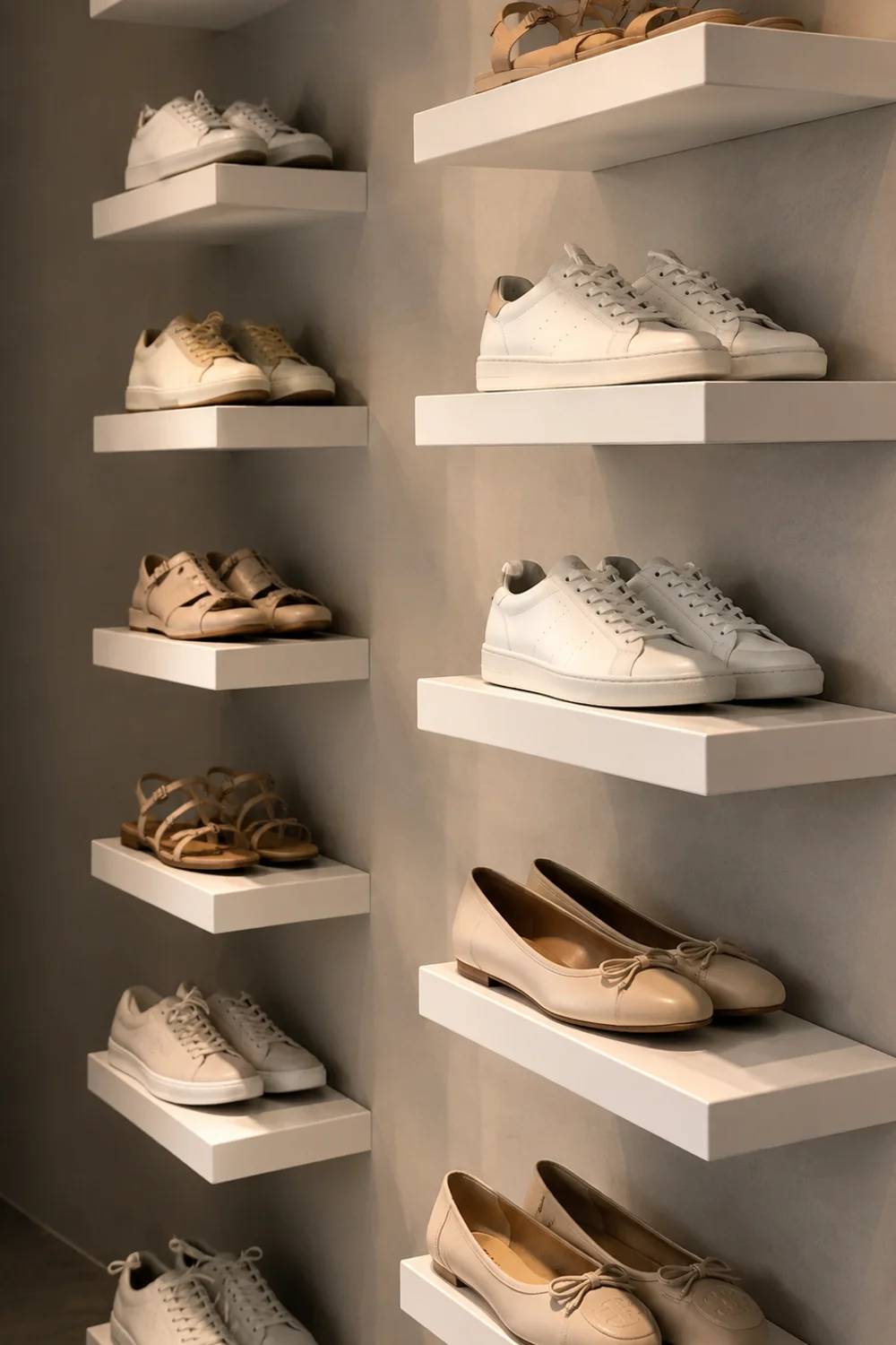 Wall-mounted floating shoe display ledges arranged in a clean grid in a narrow hallway