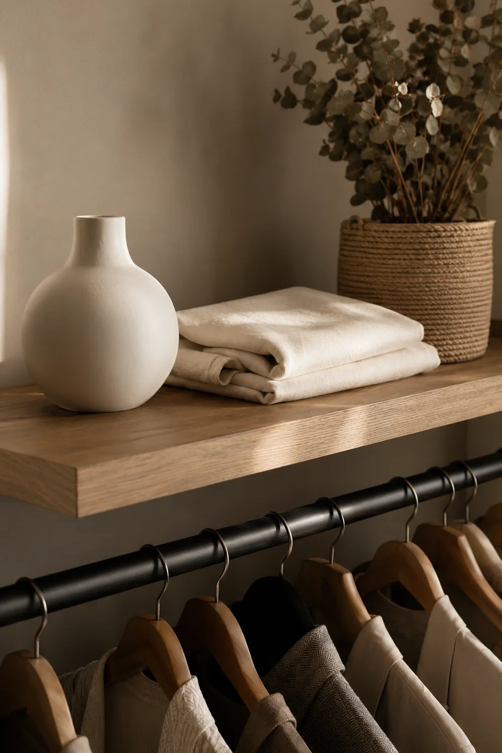 Narrow floating wood shelf above clothing rack styled with ceramic vase, folded textile, and dried eucalyptus