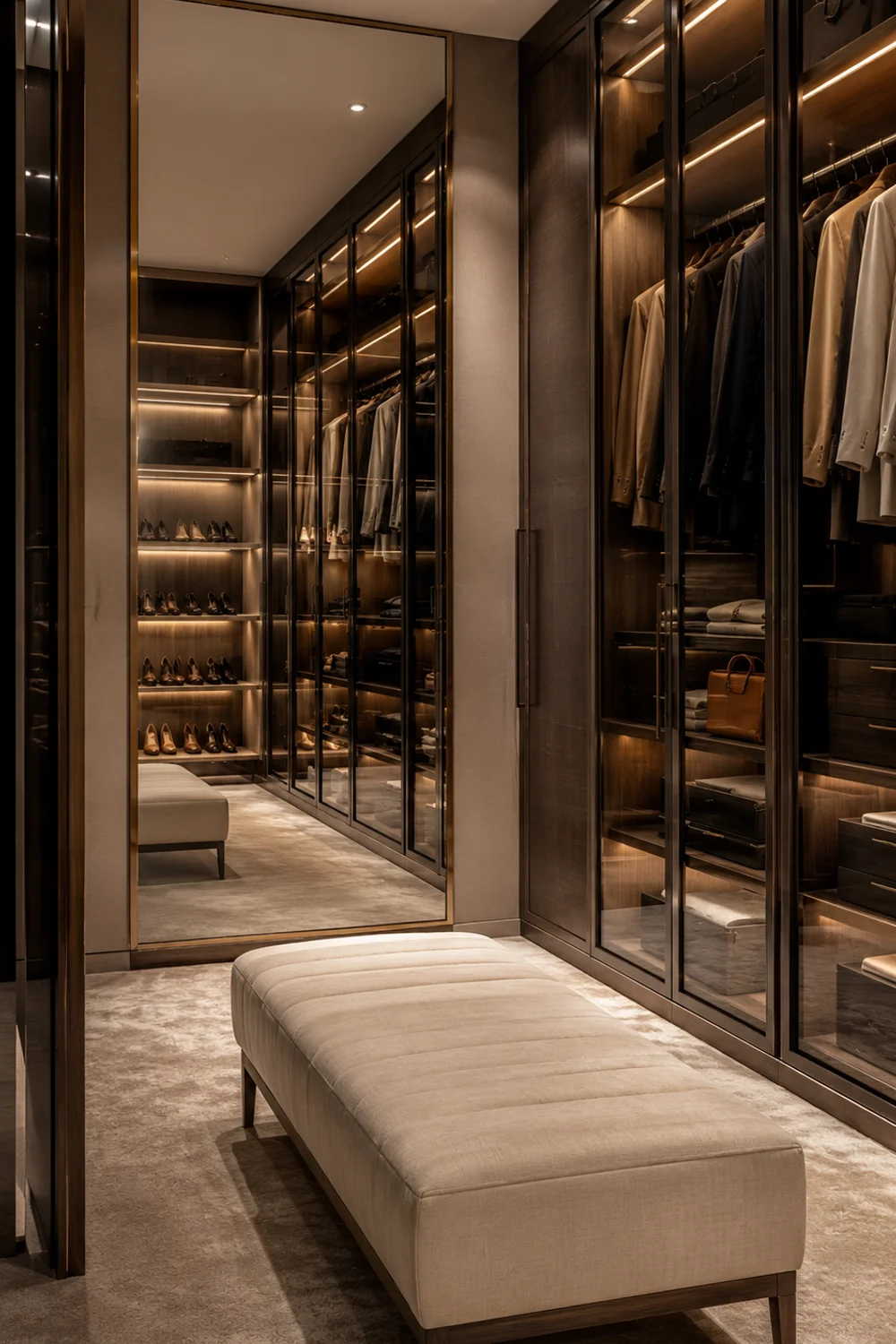 Full-length floor-leaning mirror with thin brass frame reflecting a shoe wall and glass-front cabinets in a walk-in closet