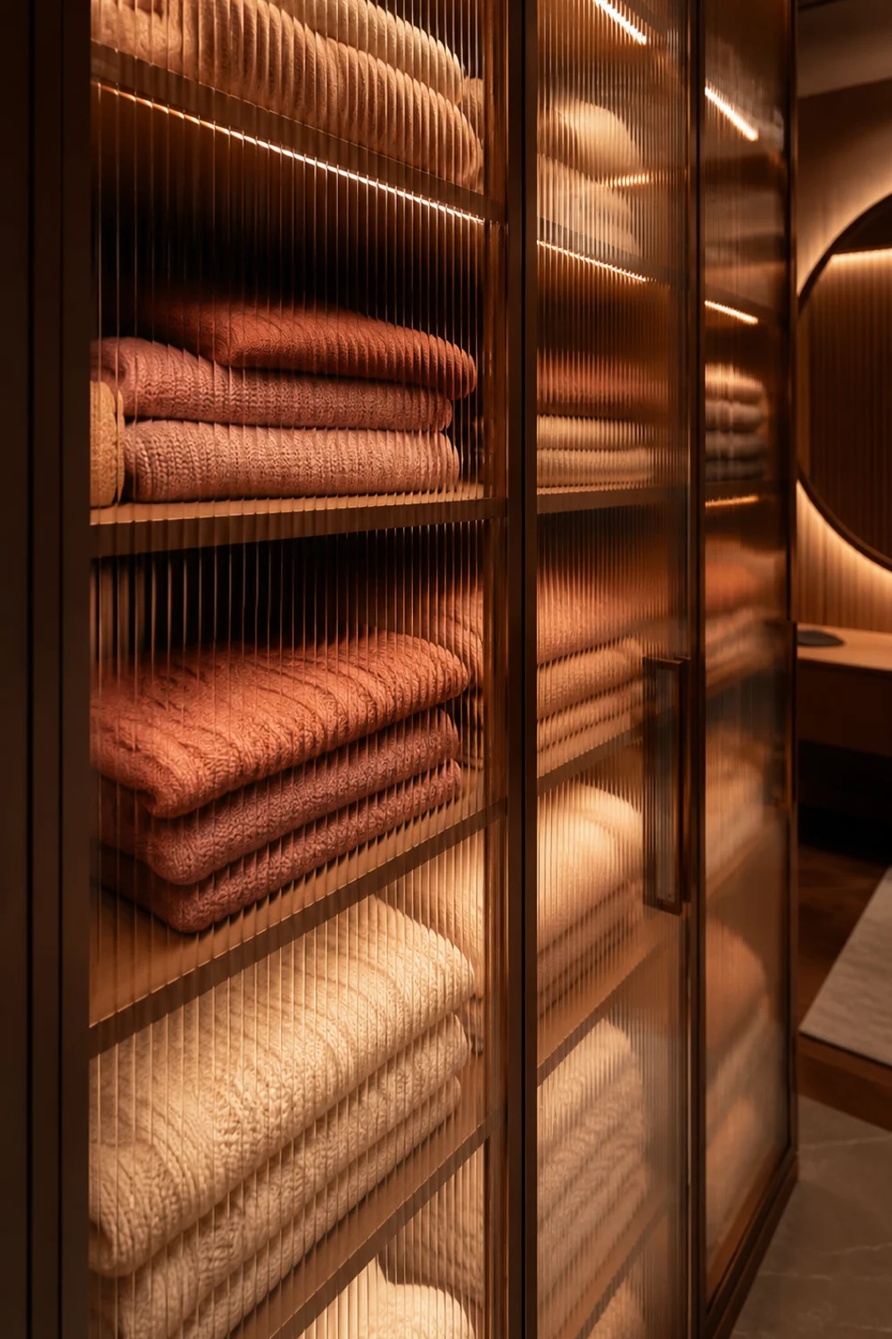 Glass-front closet cabinetry with fluted panels and tonal folded knitwear visible inside, warm amber lighting