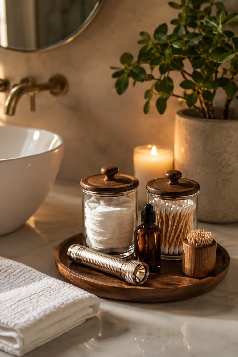 Guest bathroom essentials tray with cotton rounds Q-tips hand lotion and candle
