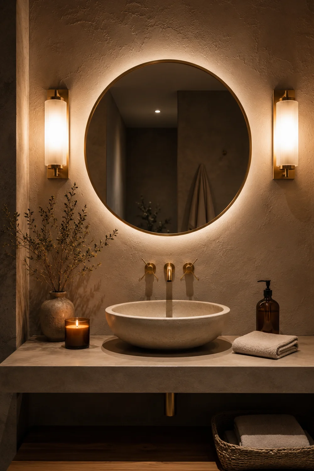 Layered bathroom lighting with flanking brass wall sconces and warm ambient glow