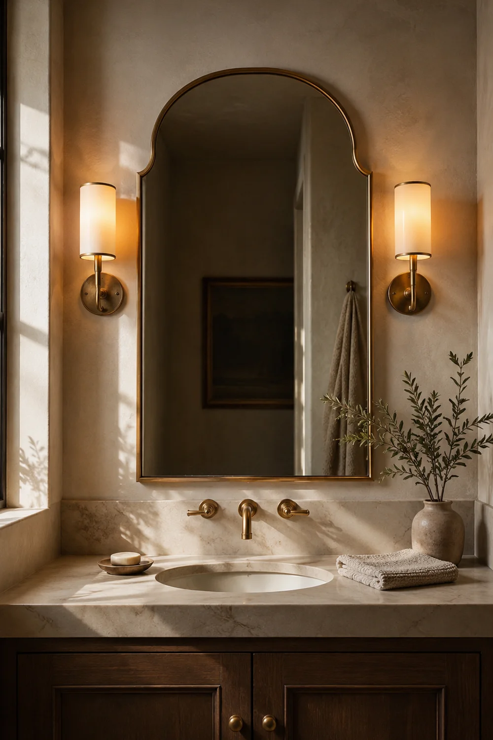 Arched brass bathroom mirror with flanking wall sconces and warm layered lighting