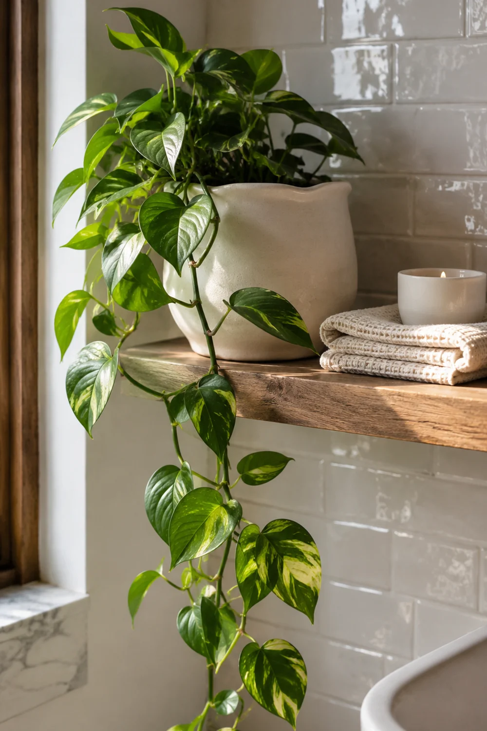 Trailing pothos plant in matte ceramic pot styled on guest bathroom shelf