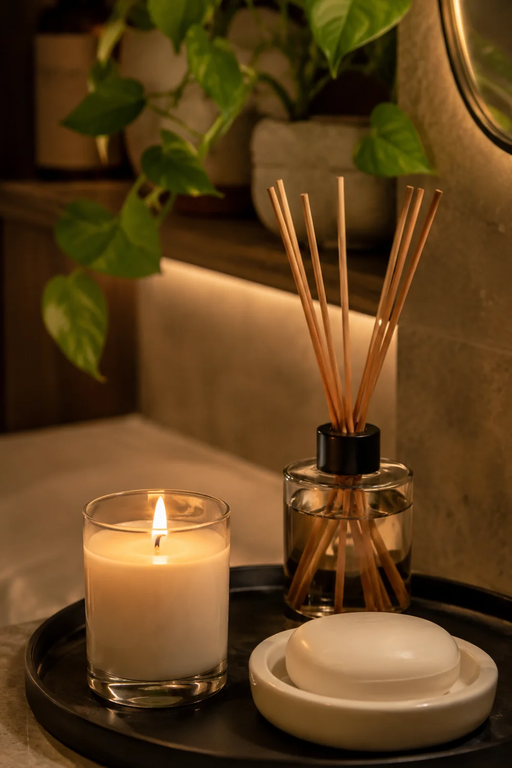 Scented guest bathroom styling with soy candle reed diffuser and ceramic soap dish