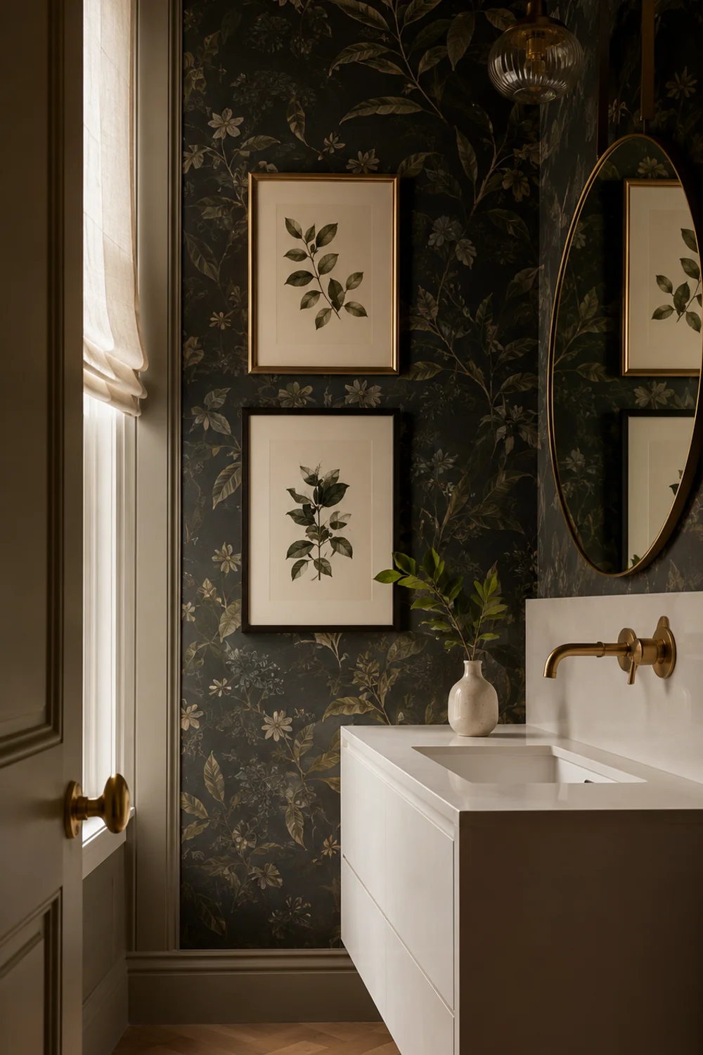 Bold botanical wallpaper feature wall in guest bathroom with gold framed prints and brass faucet