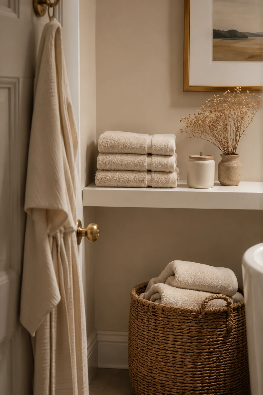 Intentional guest bathroom storage with floating shelf woven basket and brass hook