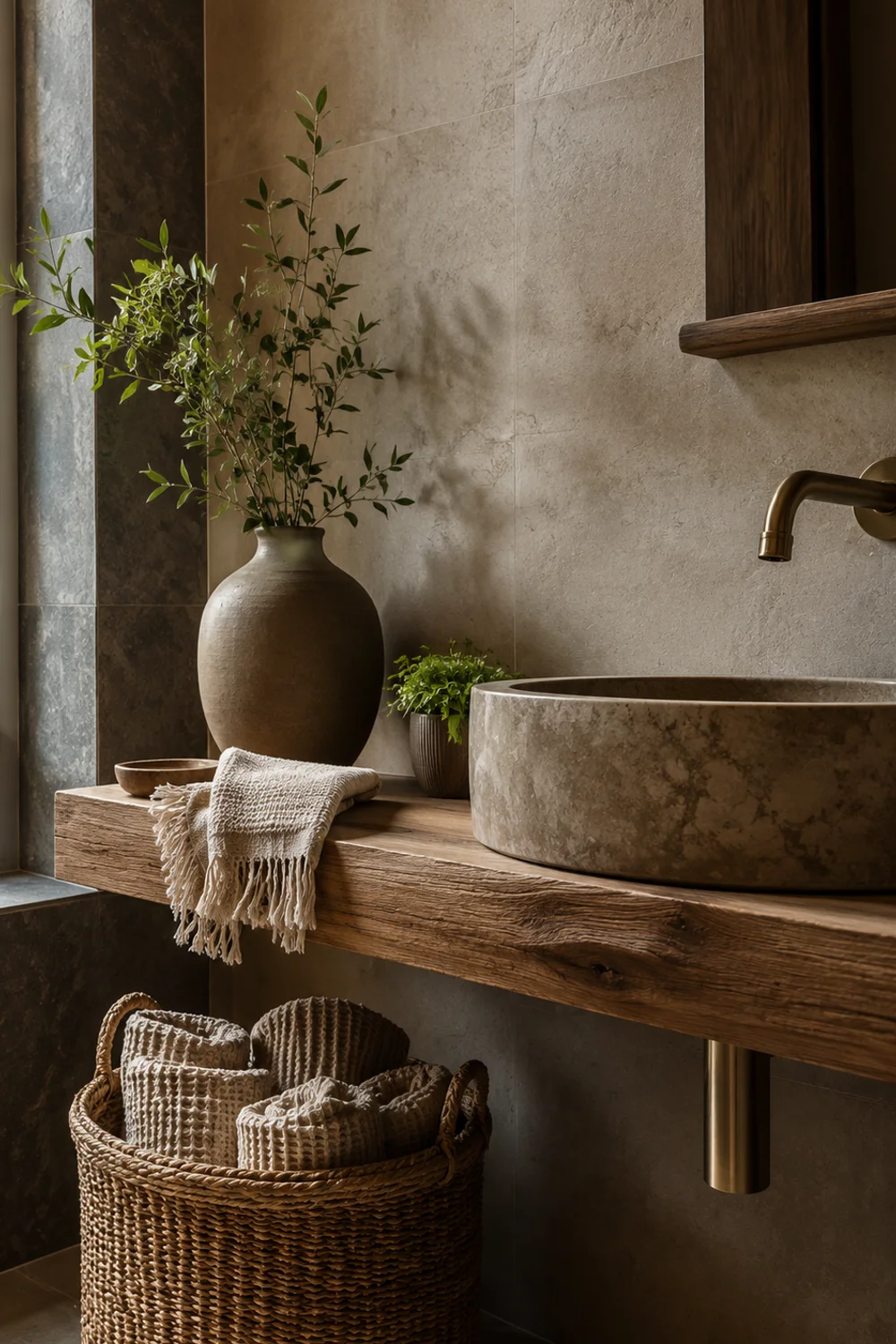 Layered bathroom textures with woven basket wood accents waffle towels and ceramic