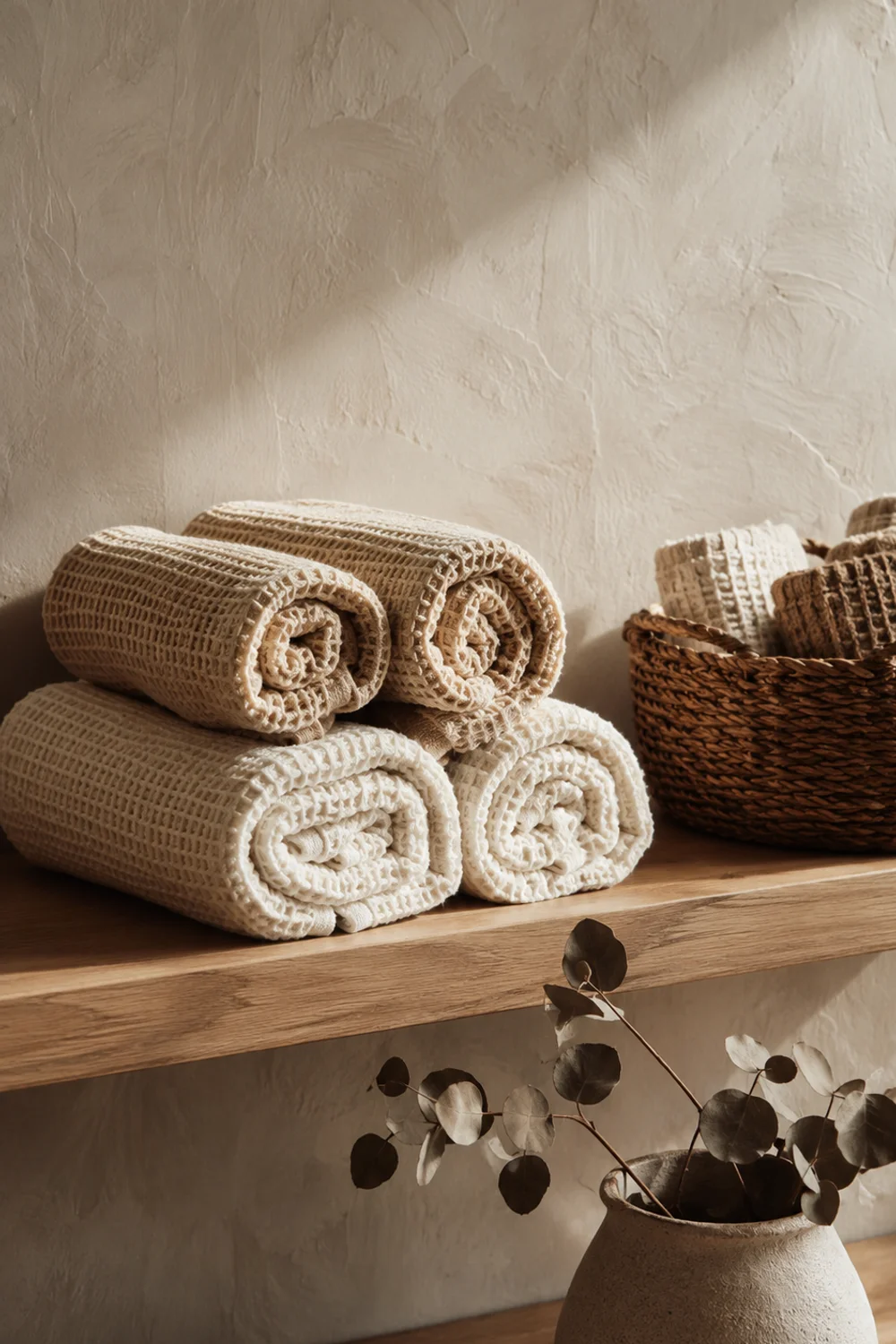 Neatly folded white waffle weave guest towels styled on a wooden bathroom shelf