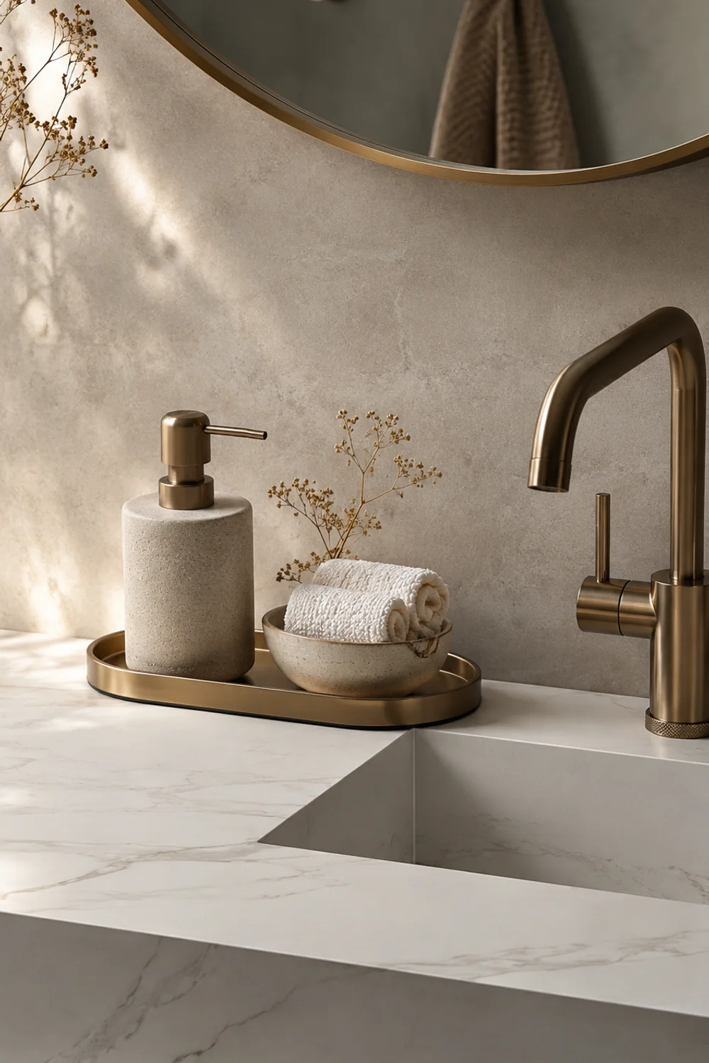 Elegantly styled guest bathroom vanity with brass faucet ceramic soap dispenser and tray