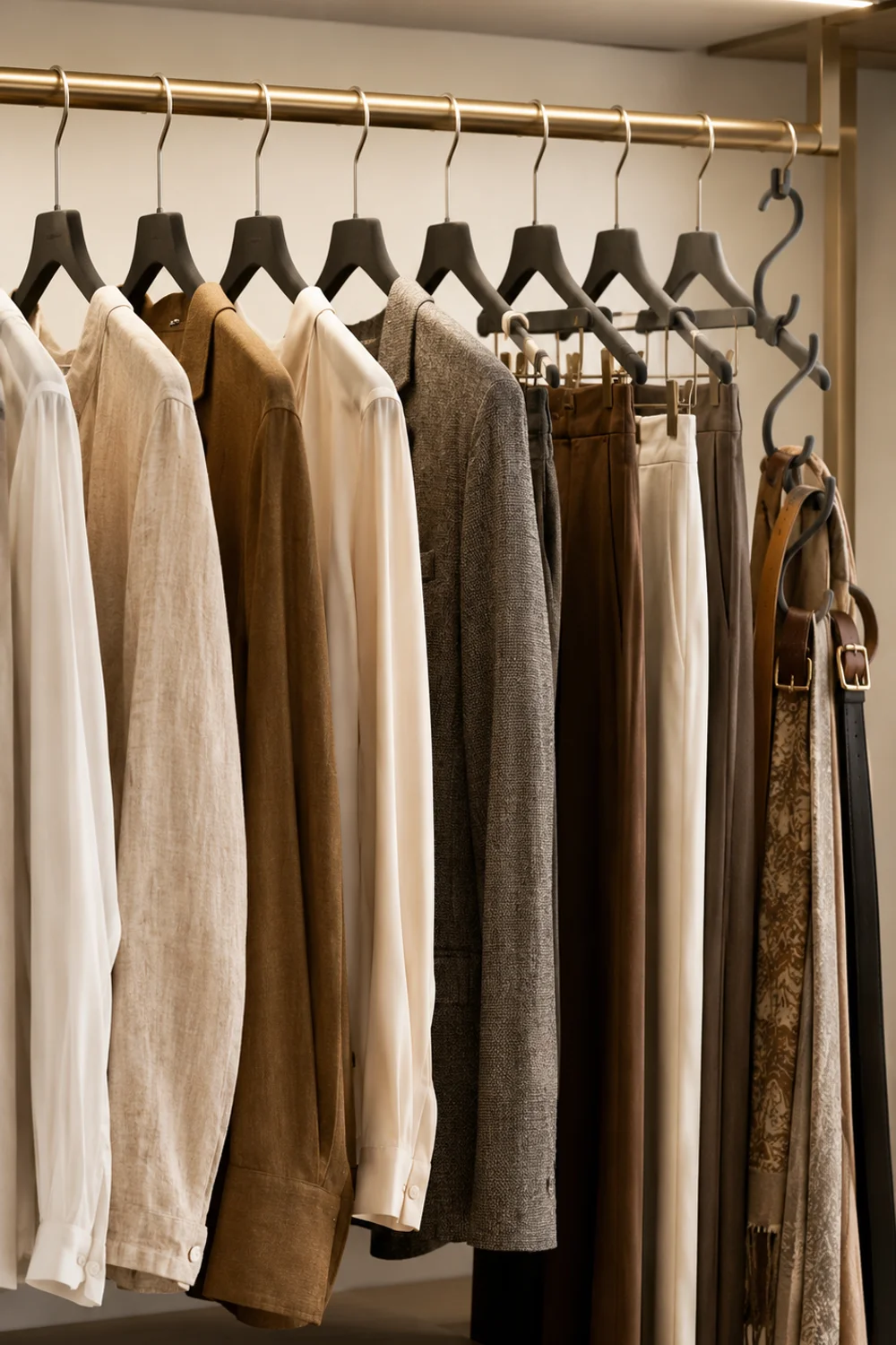 Uniform slim velvet hangers in organized closet with cascading hooks for belts and scarves