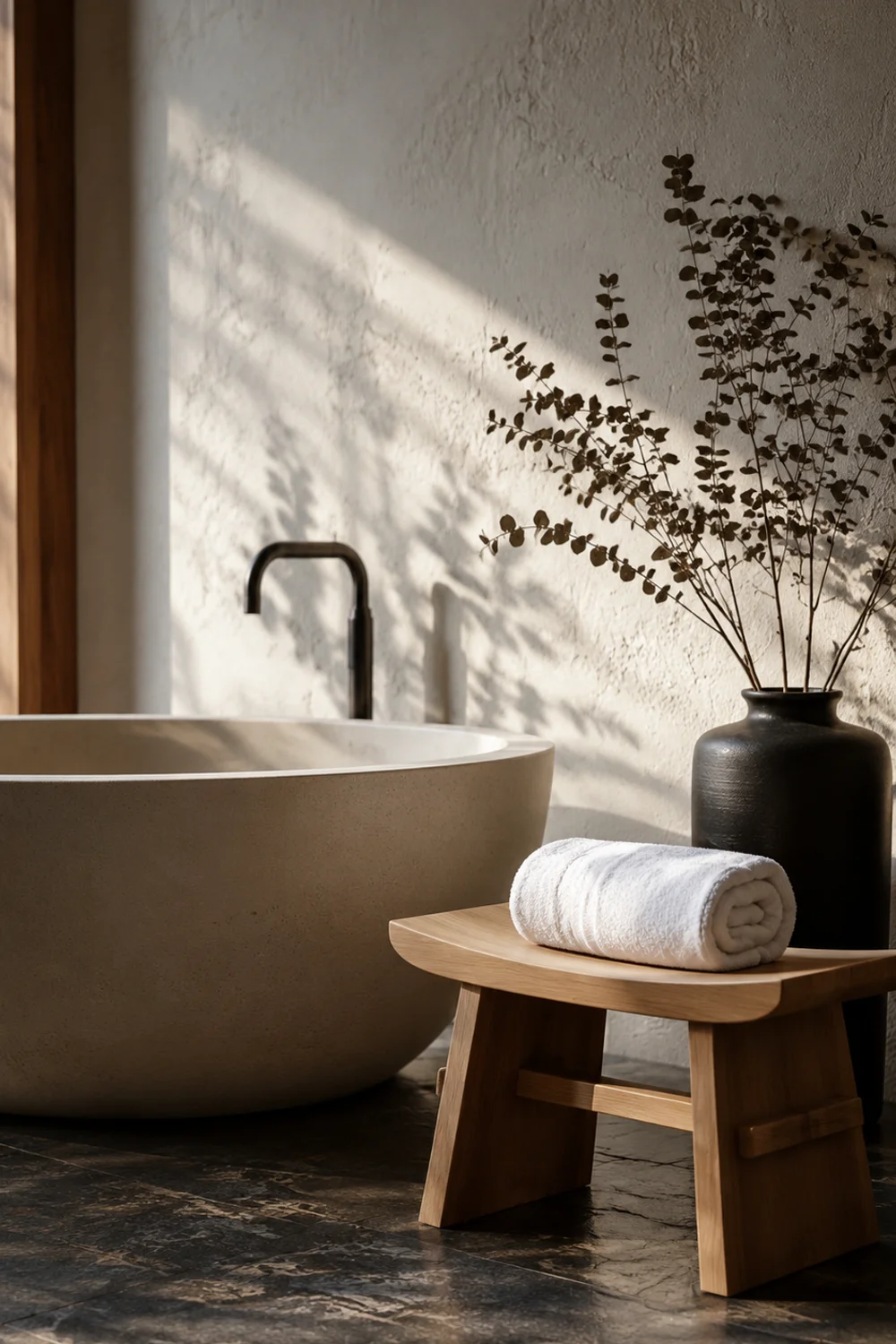 Japandi bathroom with hinoki wood stool deep soaking tub and limewash white walls
