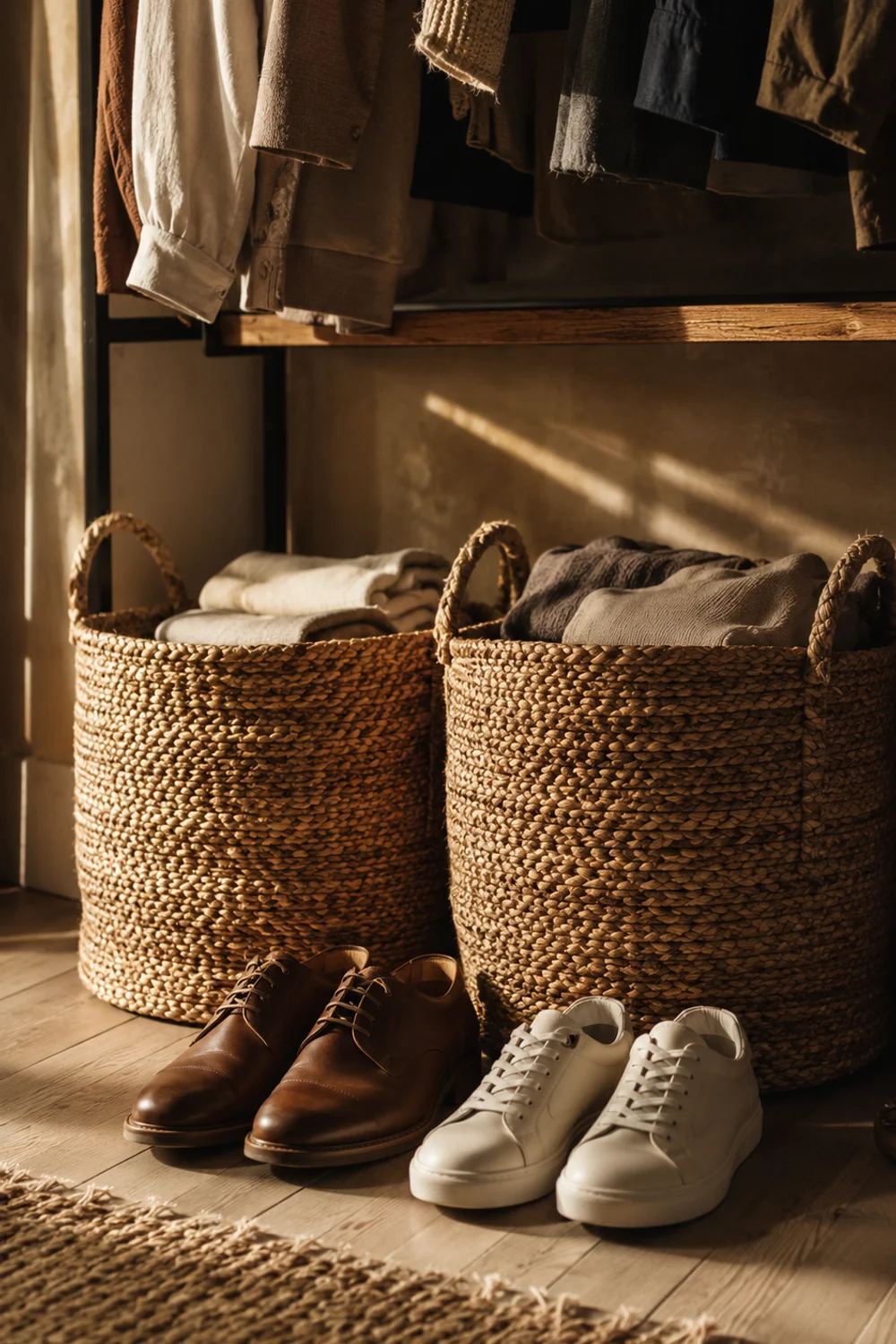 Open-weave jute floor baskets styled beneath clothing rack with curated shoe arrangement