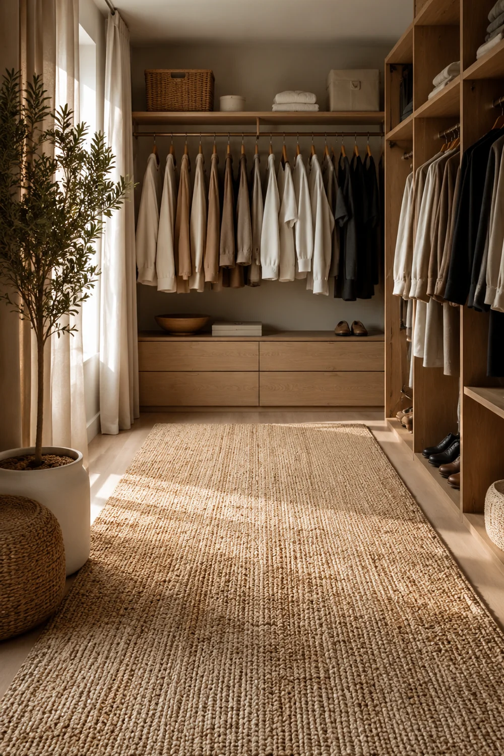 Natural jute flatweave rug on closet floor beneath neutral hanging clothing and wooden rail