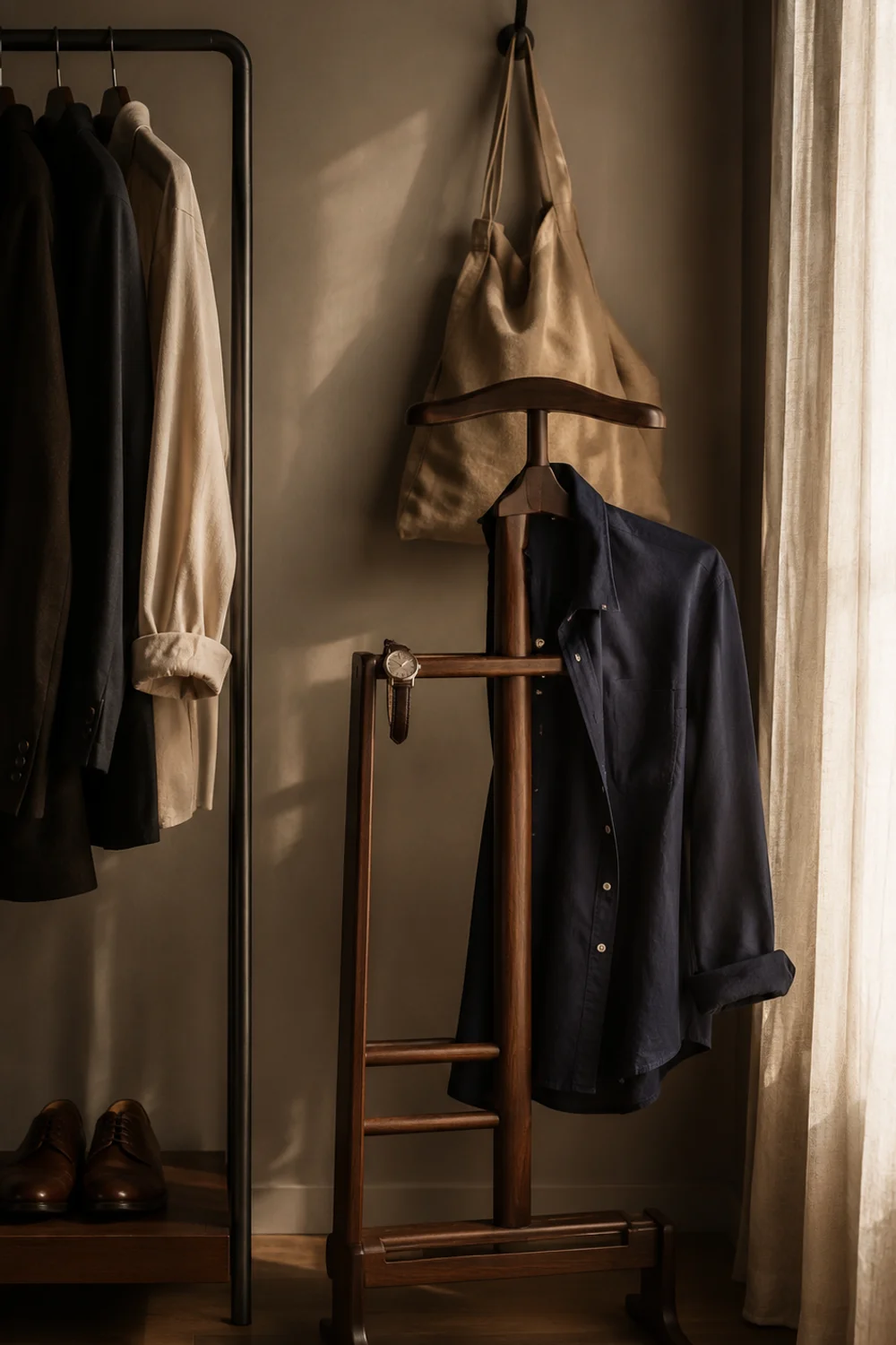 Wooden valet stand beside open wardrobe rack for daily habit containment with minimal floor zone