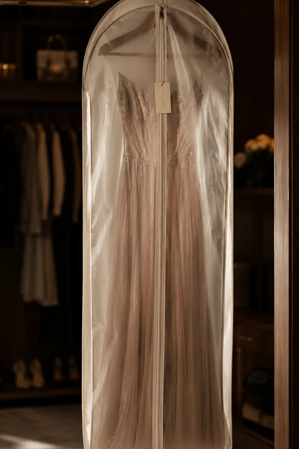 Labeled breathable garment bag protecting a formal occasion dress