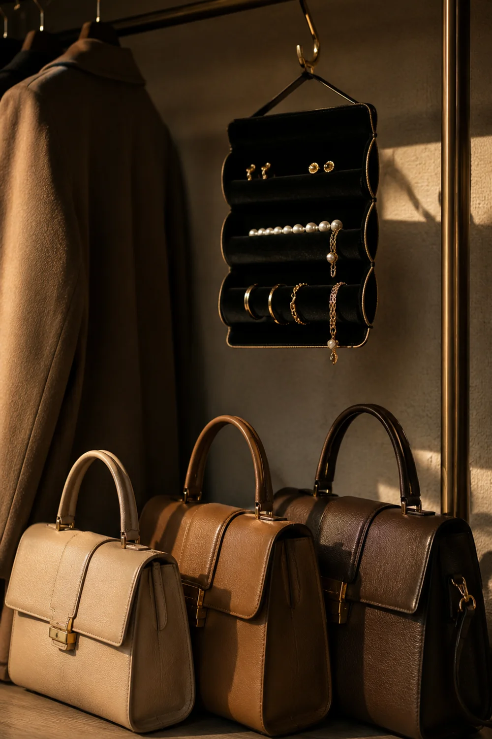Leather handbags arranged by color beside open wardrobe rail with velvet jewelry roll hanging from rack