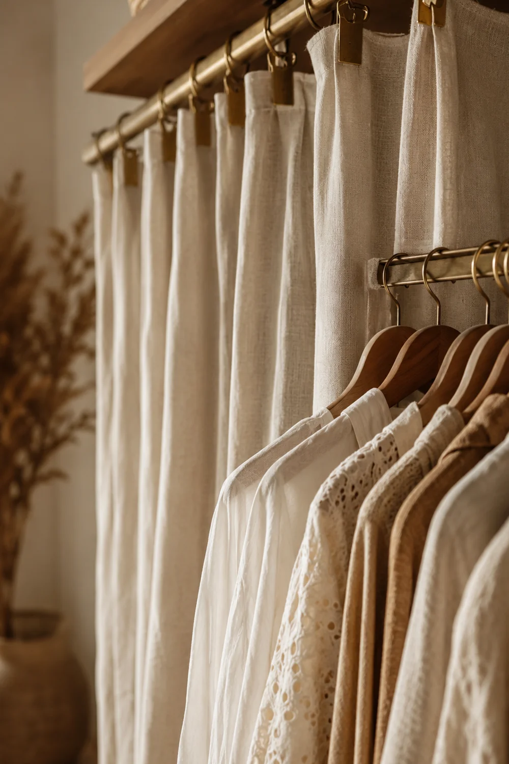 Linen curtain backdrop behind open wardrobe rail with brass clip rail and neutral hanging garments