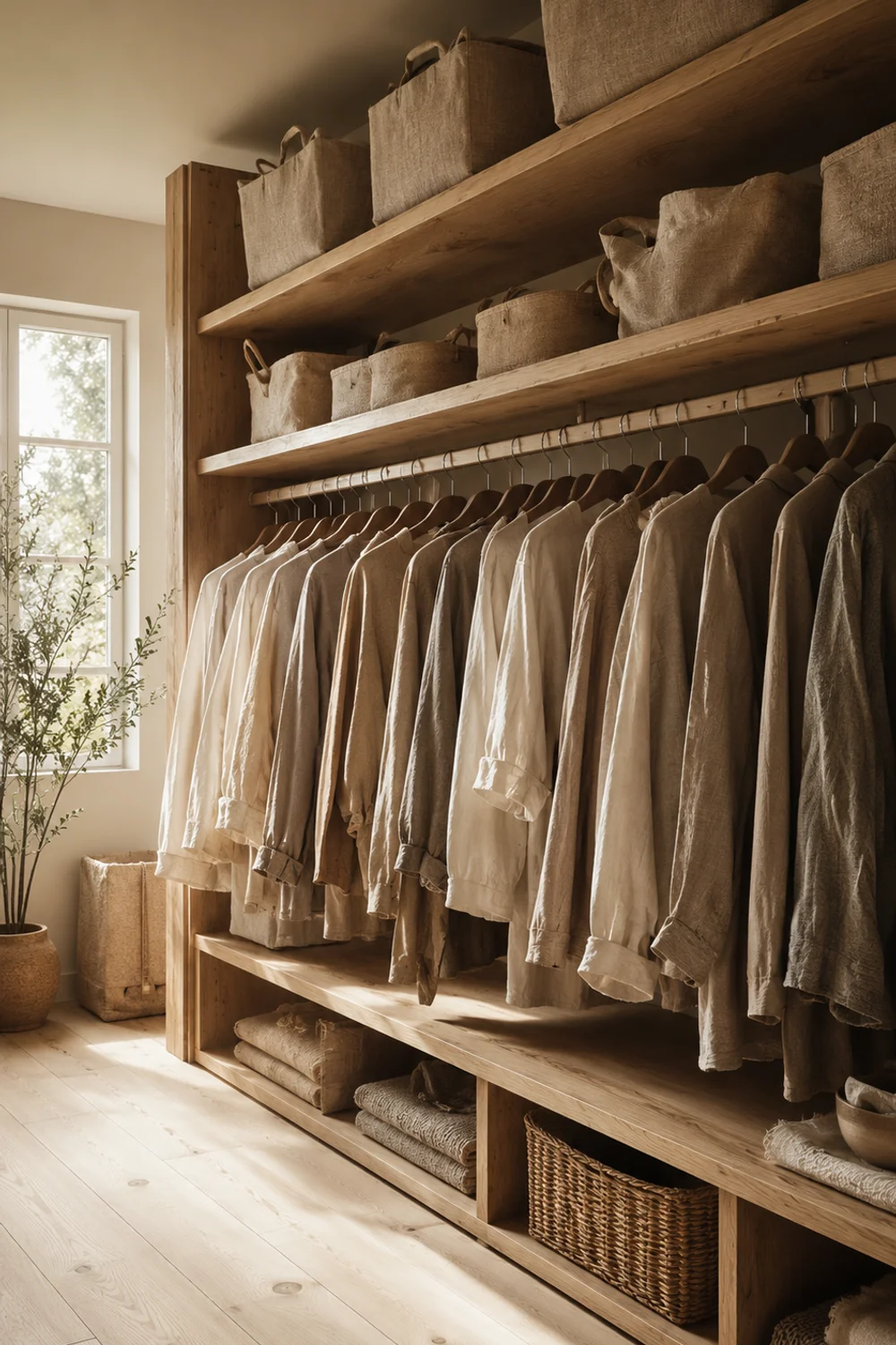 Natural linen storage baskets on open oak shelves beside clothing rail in neutral walk-in closet