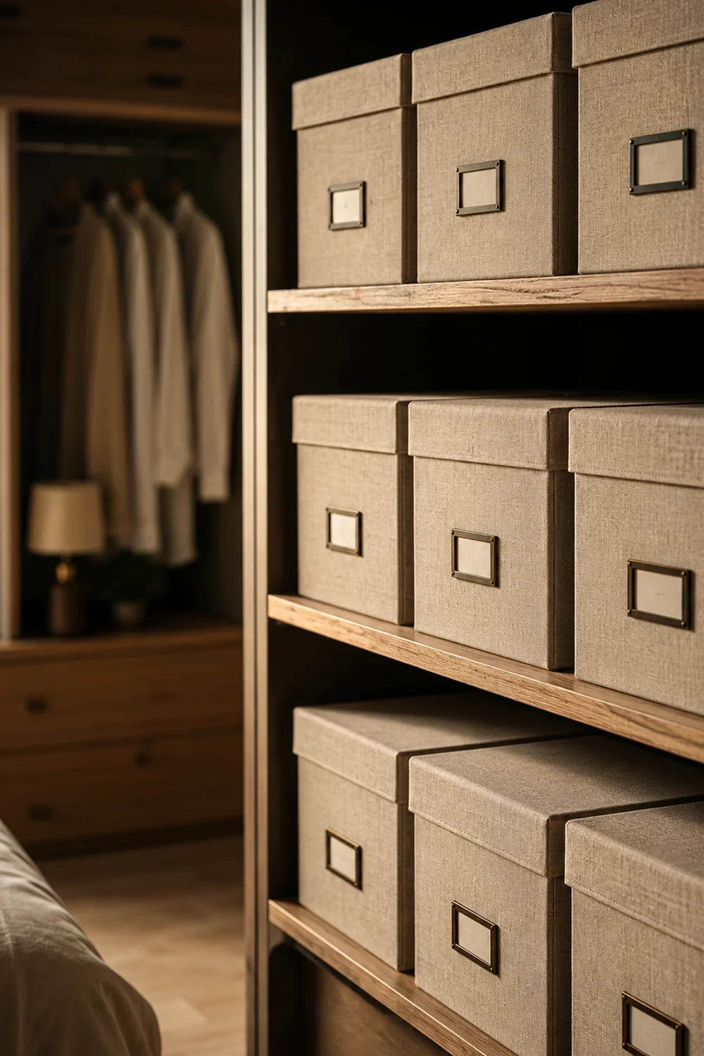 Matching linen fabric storage boxes with label windows arranged uniformly on closet shelves
