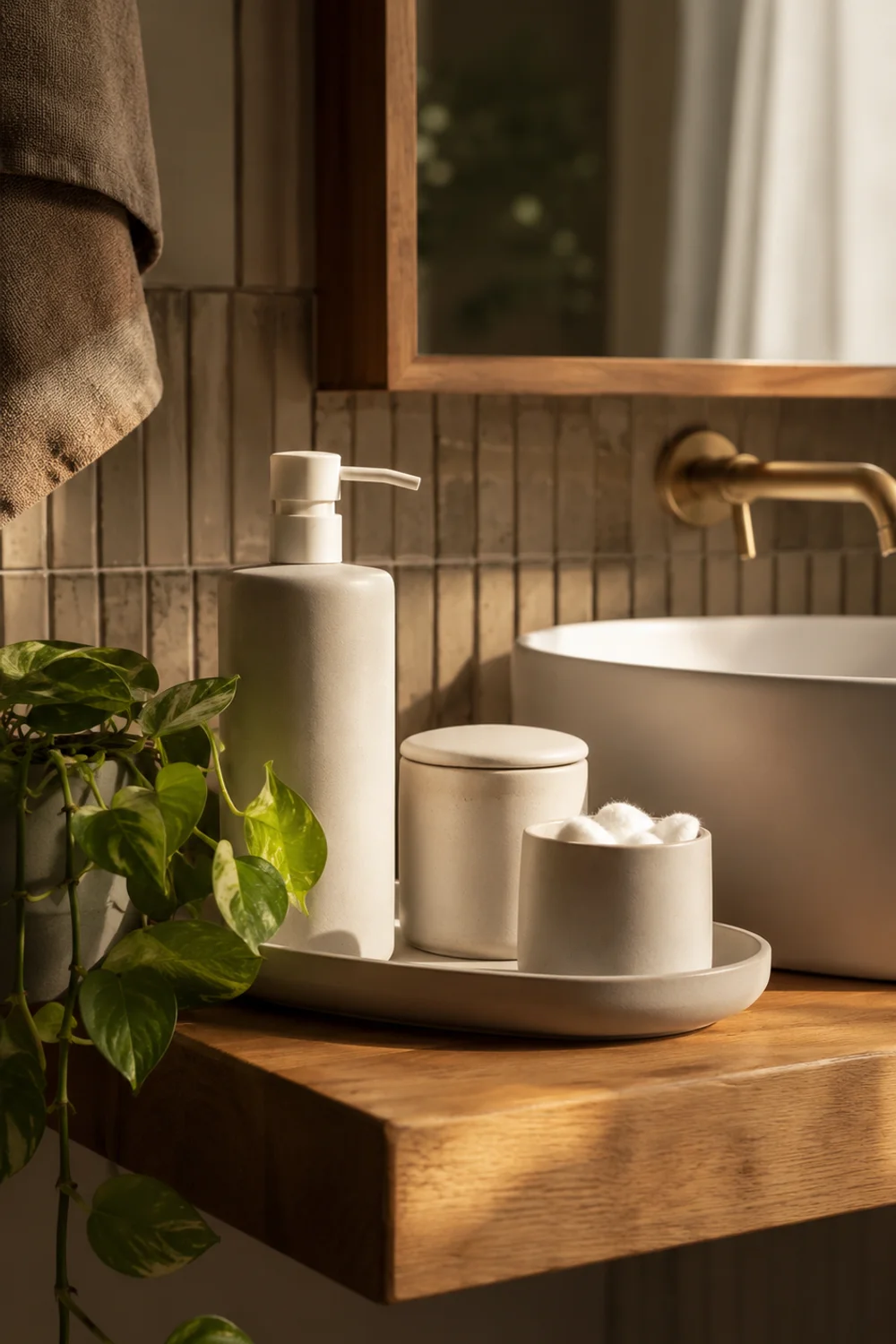 Matching ceramic bathroom accessory set with plant and warm light styling