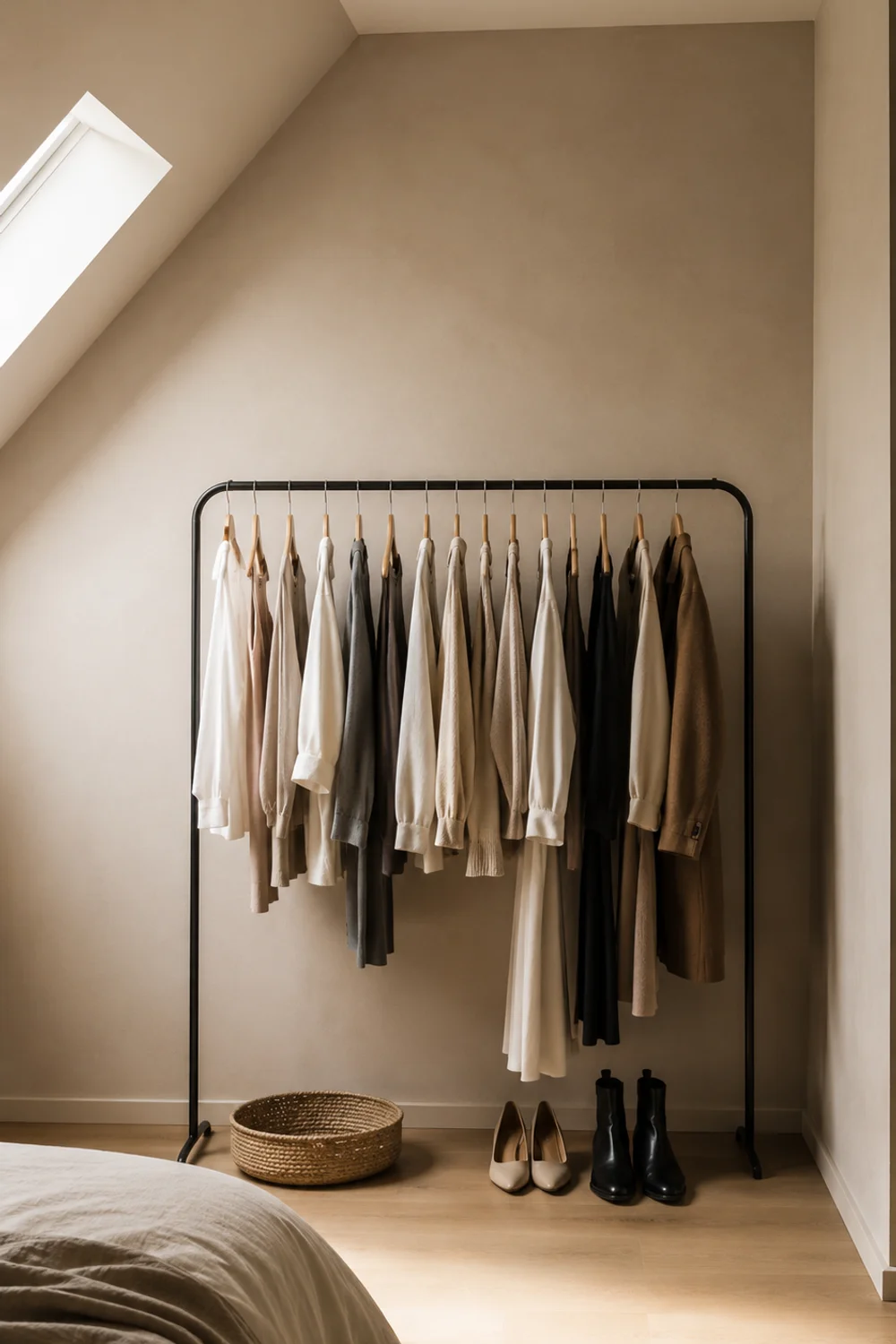 Minimal open wardrobe in small bedroom with tonal neutral garments, single black rack, and clear floor zone