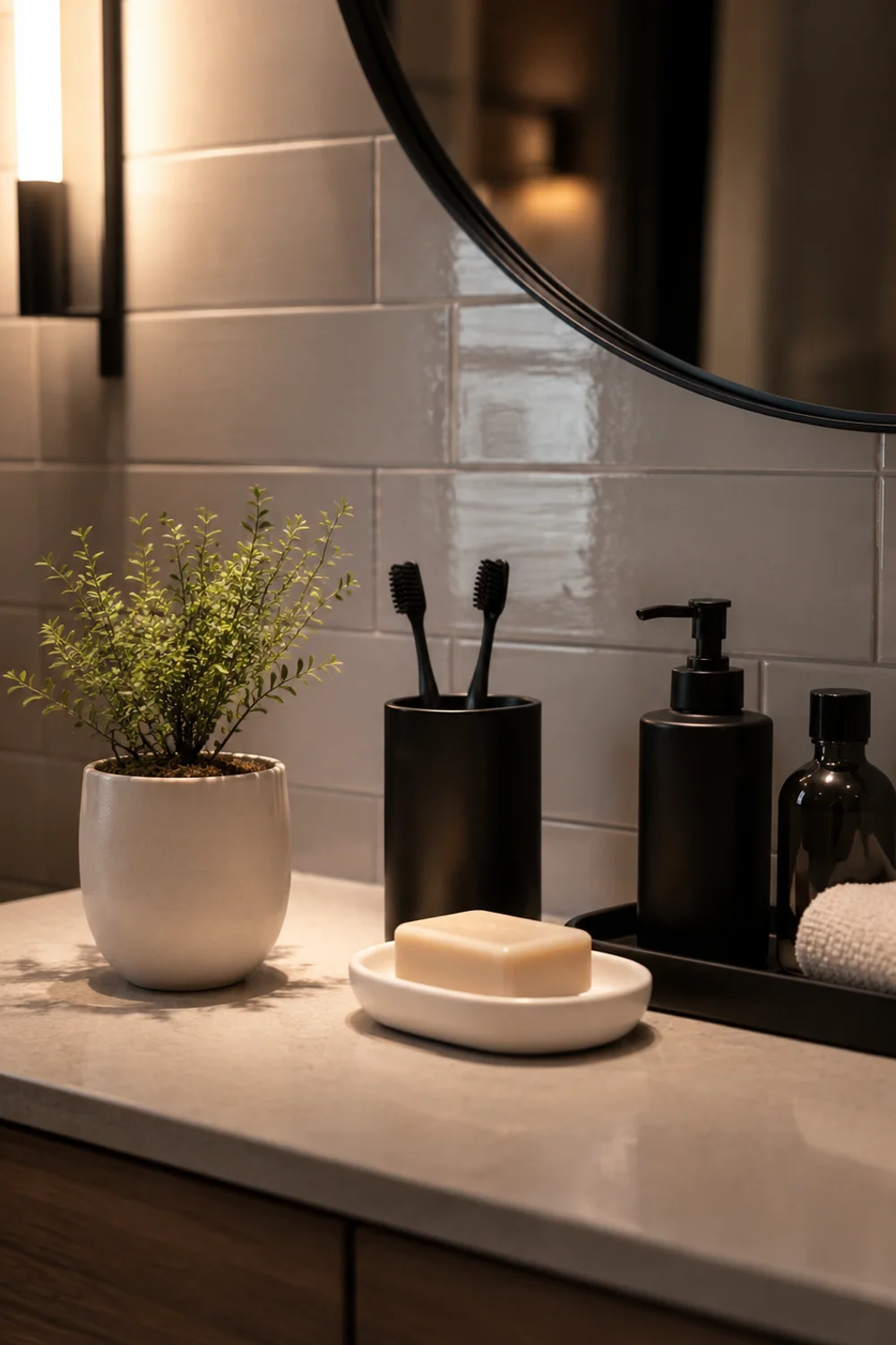 Matte black bathroom accessories on white vanity surface with minimalist styling
