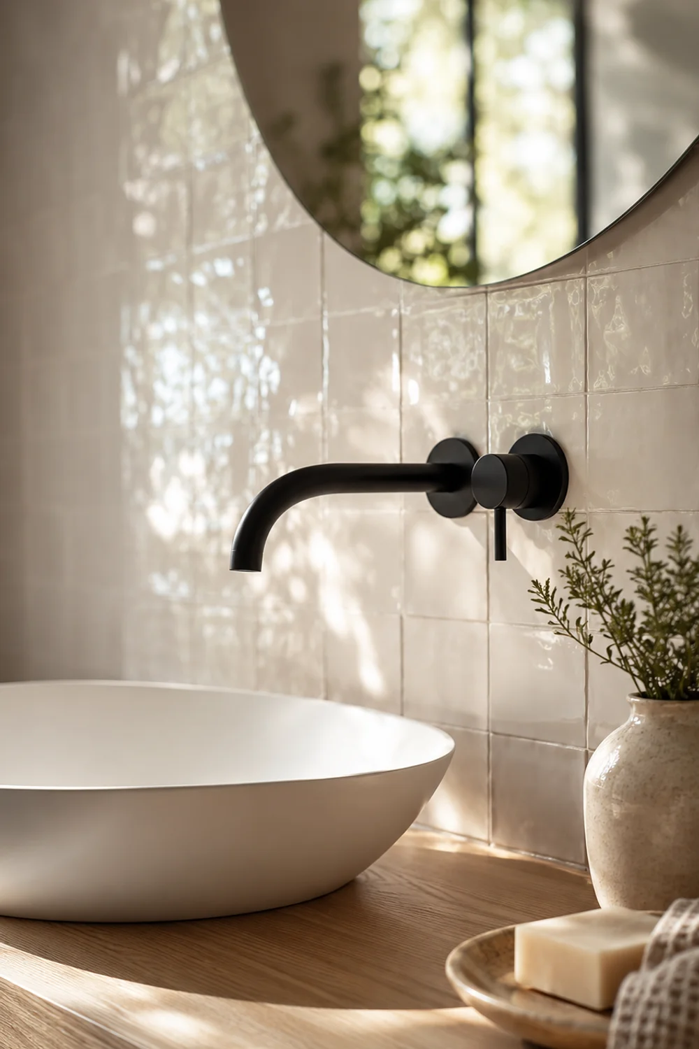 Matte black wall mount faucet with handmade white zellige tile bathroom wall