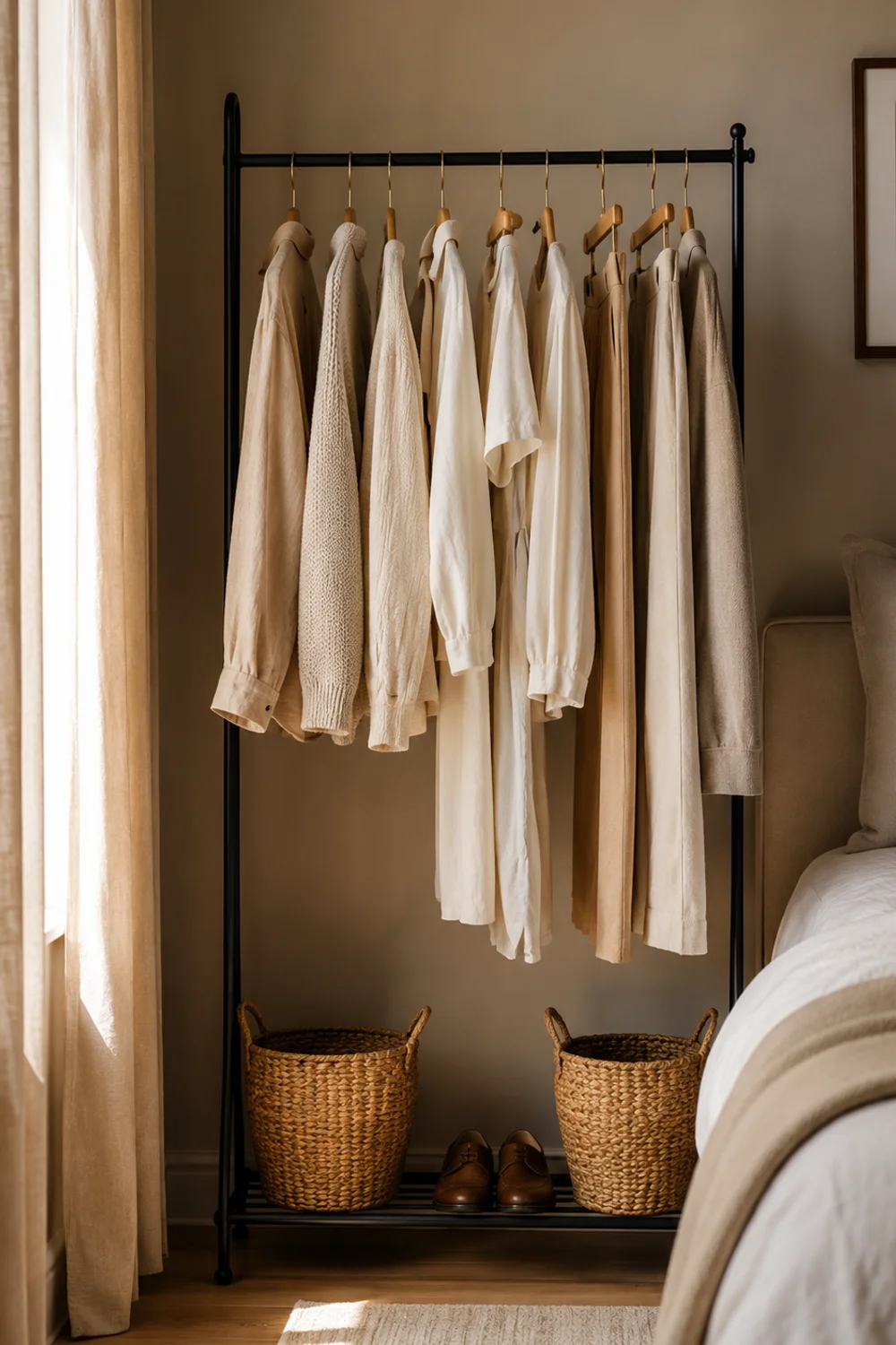 Matte black freestanding clothing rack styled with neutral garments and woven baskets in a minimal bedroom