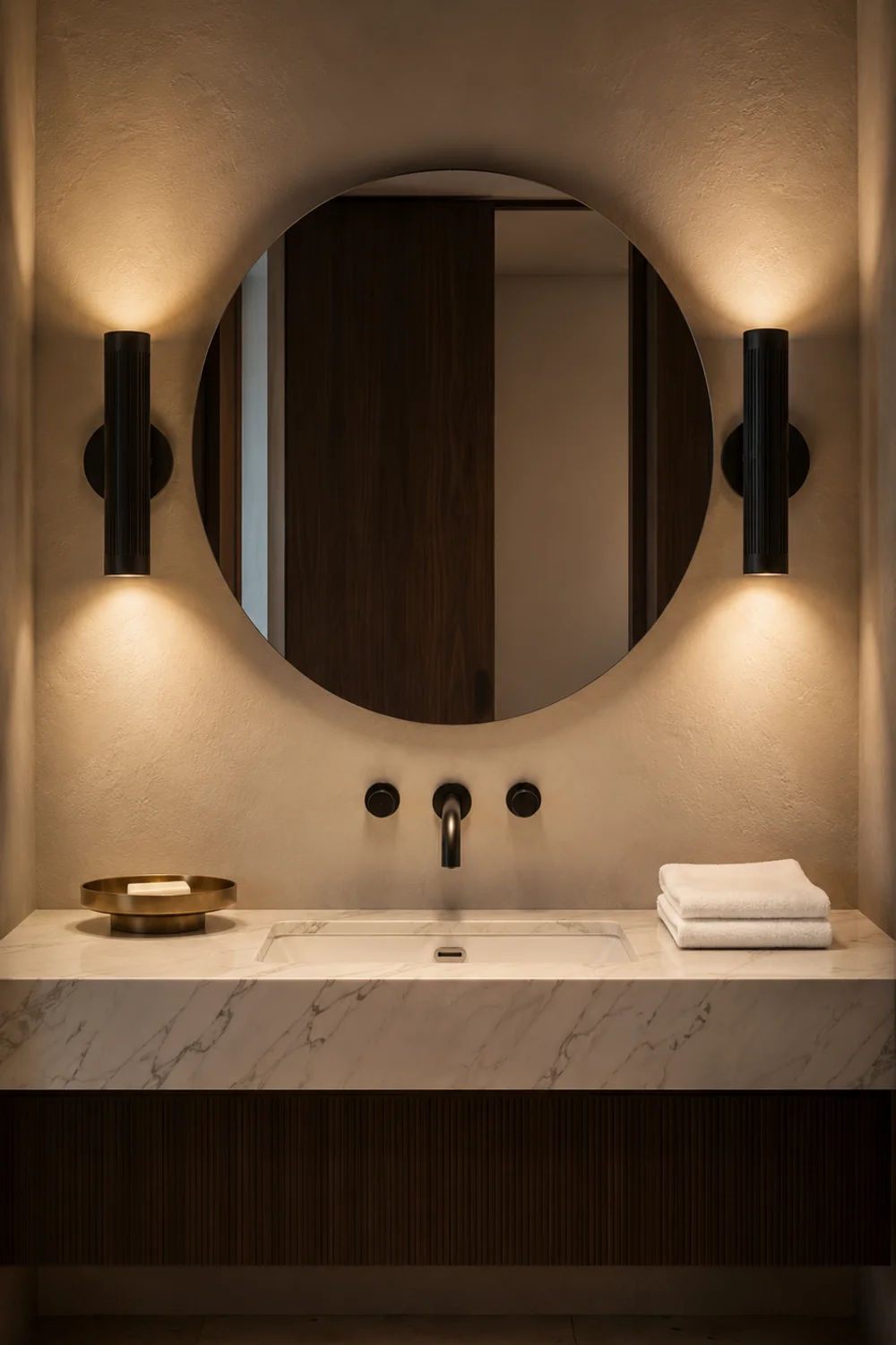 Matte black wall sconces flanking round frameless mirror in white bathroom