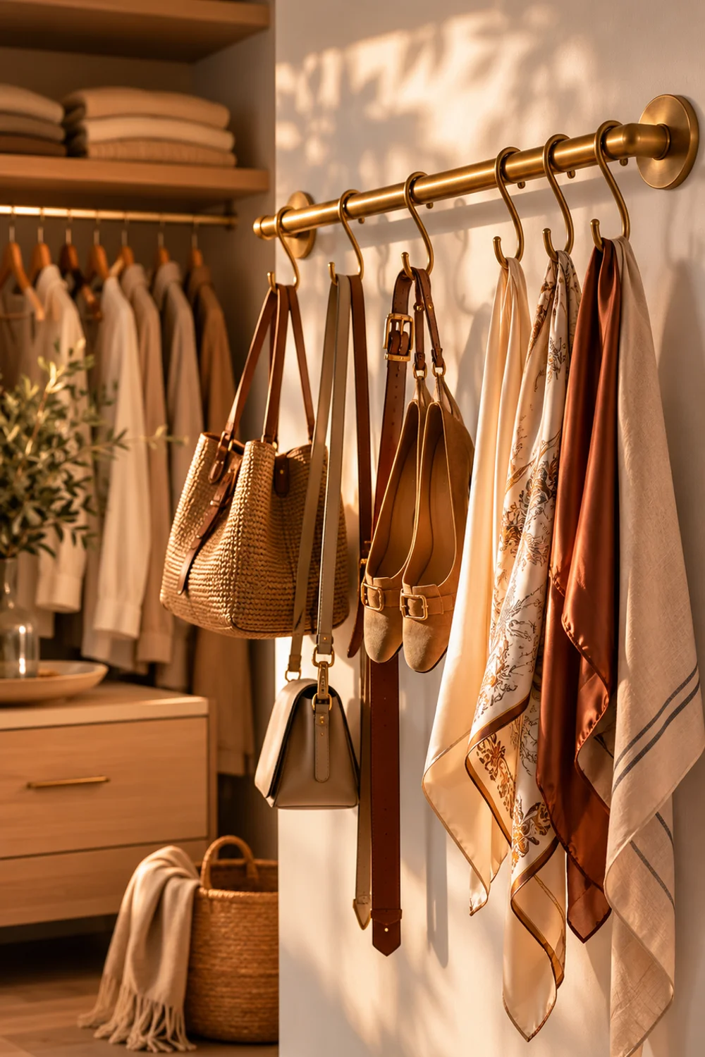 Matte brass wall-mounted hook rail on closet side wall with bags, belts, and scarves hanging in an organized arrangement