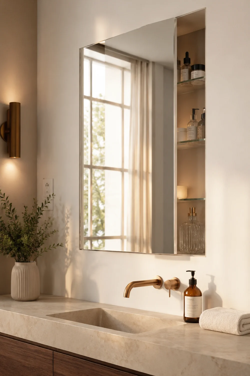 Frameless medicine cabinet mirror open showing organized shelves in small bathroom